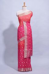 Rani Pink and orange double shaded zari checks georgette saree with small zari border and self pallu along with matching zari buttas blouse piece