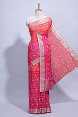 Rani Pink and orange double shaded zari checks georgette saree with small zari border and self pallu along with matching zari buttas blouse piece