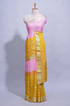 Mustard yellow and pink double shaded zari checks georgette saree with small zari border and self pallu along with matching zari buttas blouse piece