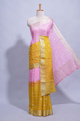 Mustard yellow and pink double shaded zari checks georgette saree with small zari border and self pallu along with matching zari buttas blouse piece