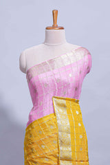 Mustard yellow and pink double shaded zari checks georgette saree with small zari border and self pallu along with matching zari buttas blouse piece