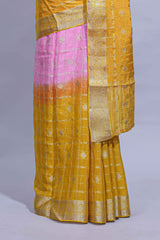 Mustard yellow and pink double shaded zari checks georgette saree with small zari border and self pallu along with matching zari buttas blouse piece