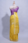 Yellow and violet double shaded zari checks georgette saree with small zari border and self pallu along with matching zari buttas blouse piece