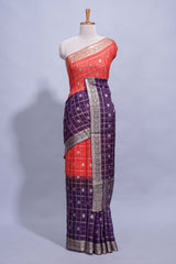 Red and violet double shaded zari checks georgette saree with small zari border and self pallu along with matching zari buttas blouse piece