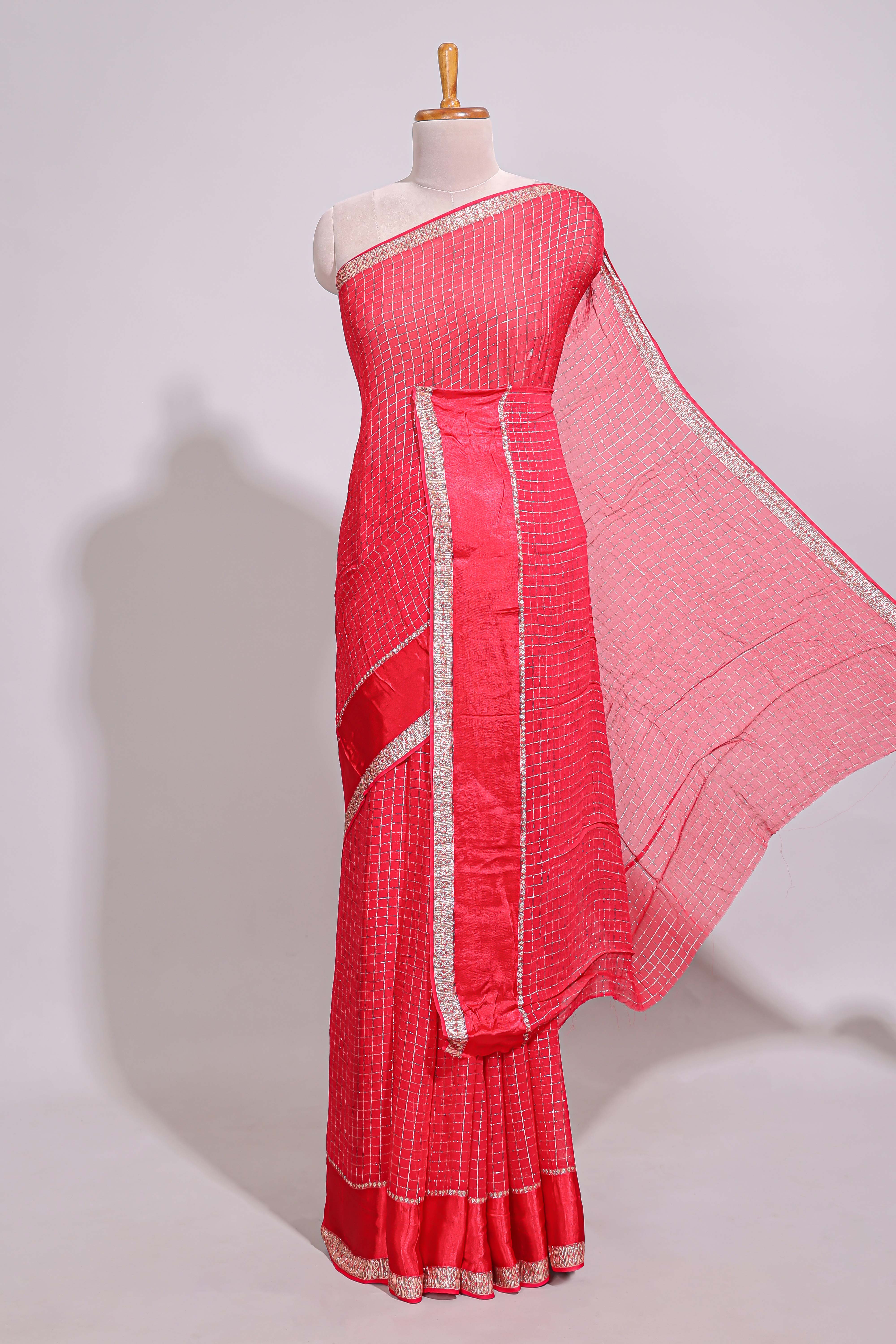 Red zari checks georgette saree with small zari border with self pallu and matching blouse