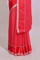 Red zari checks georgette saree with small zari border with self pallu and matching blouse
