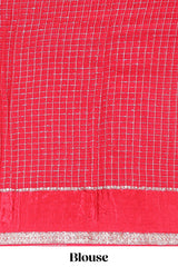 Red zari checks georgette saree with small zari border with self pallu and matching blouse