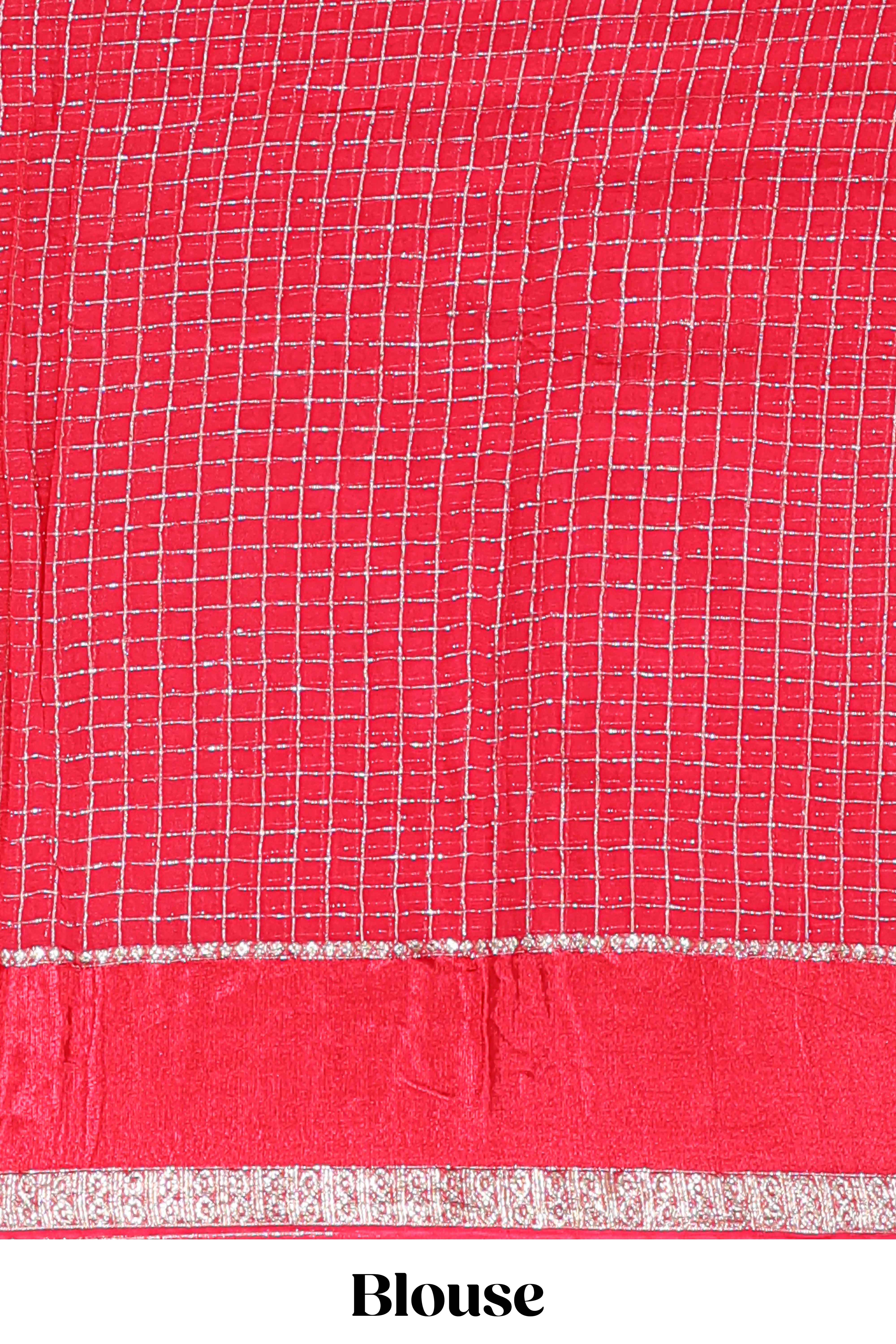 Red zari checks georgette saree with small zari border with self pallu and matching blouse