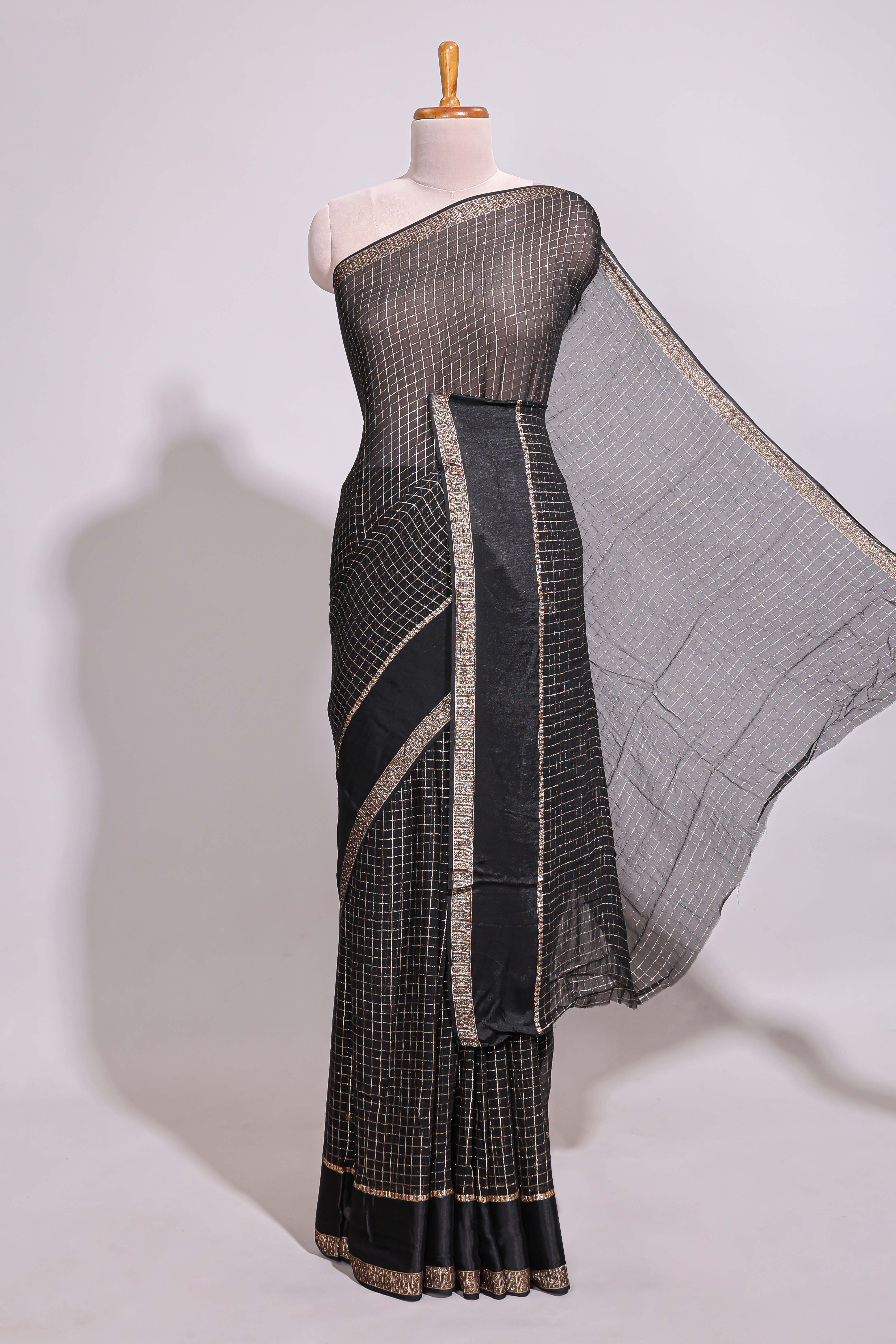 Black zari checks georgette saree with small zari border with self pallu and matching blouse
