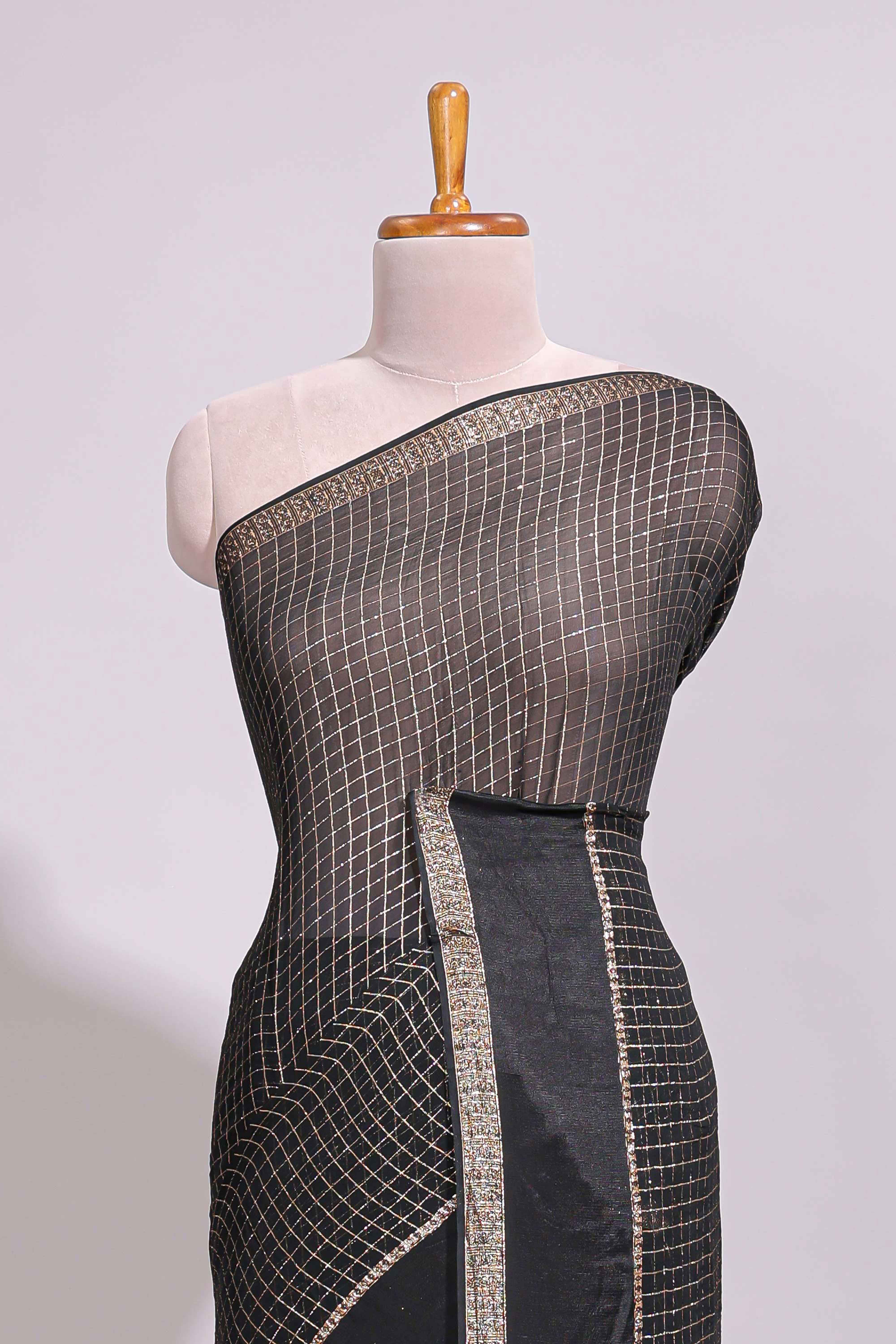 Black zari checks georgette saree with small zari border with self pallu and matching blouse