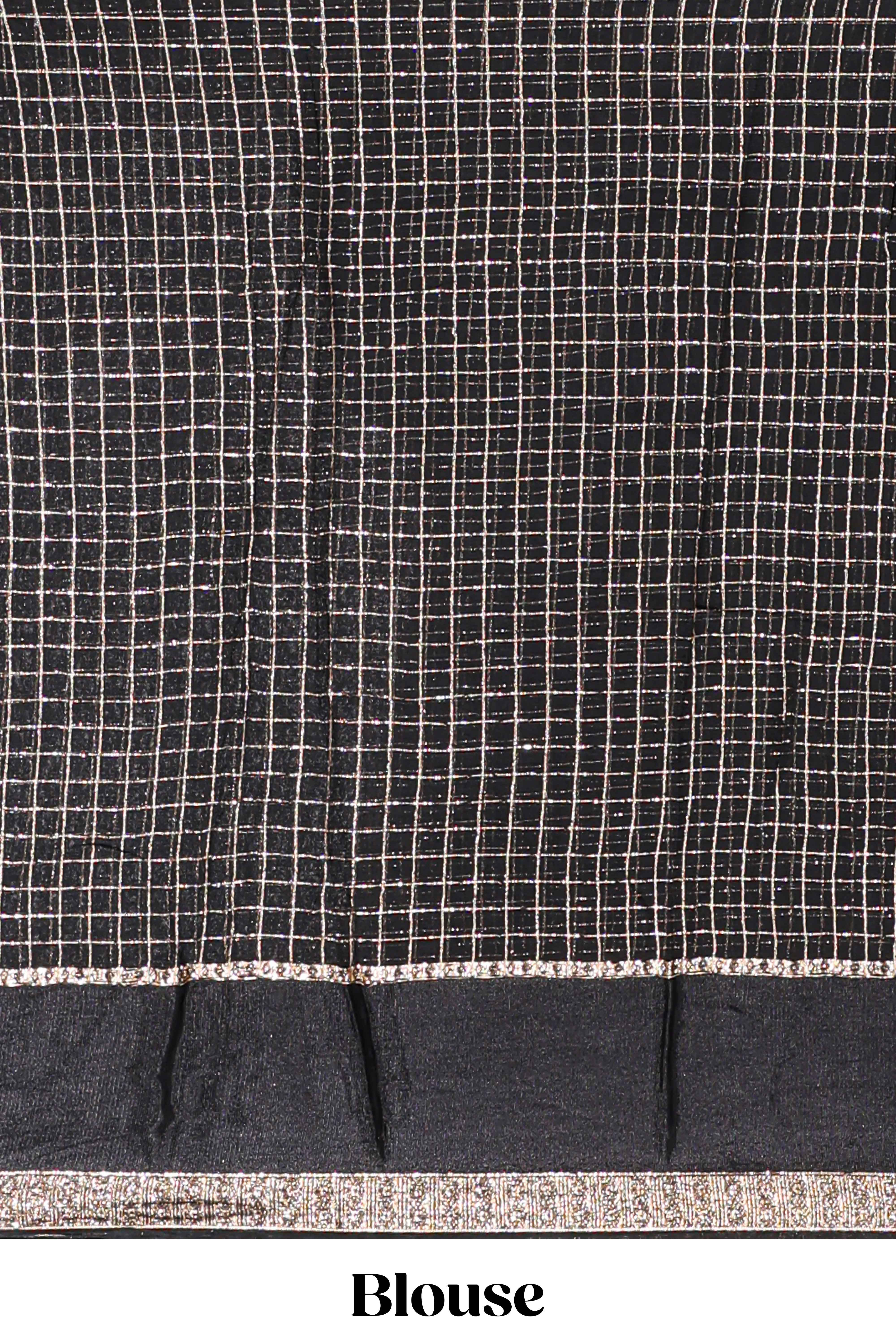 Black zari checks georgette saree with small zari border with self pallu and matching blouse
