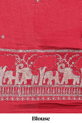 Peach zari checks georgette saree with small zari border and contrast aari work blouse