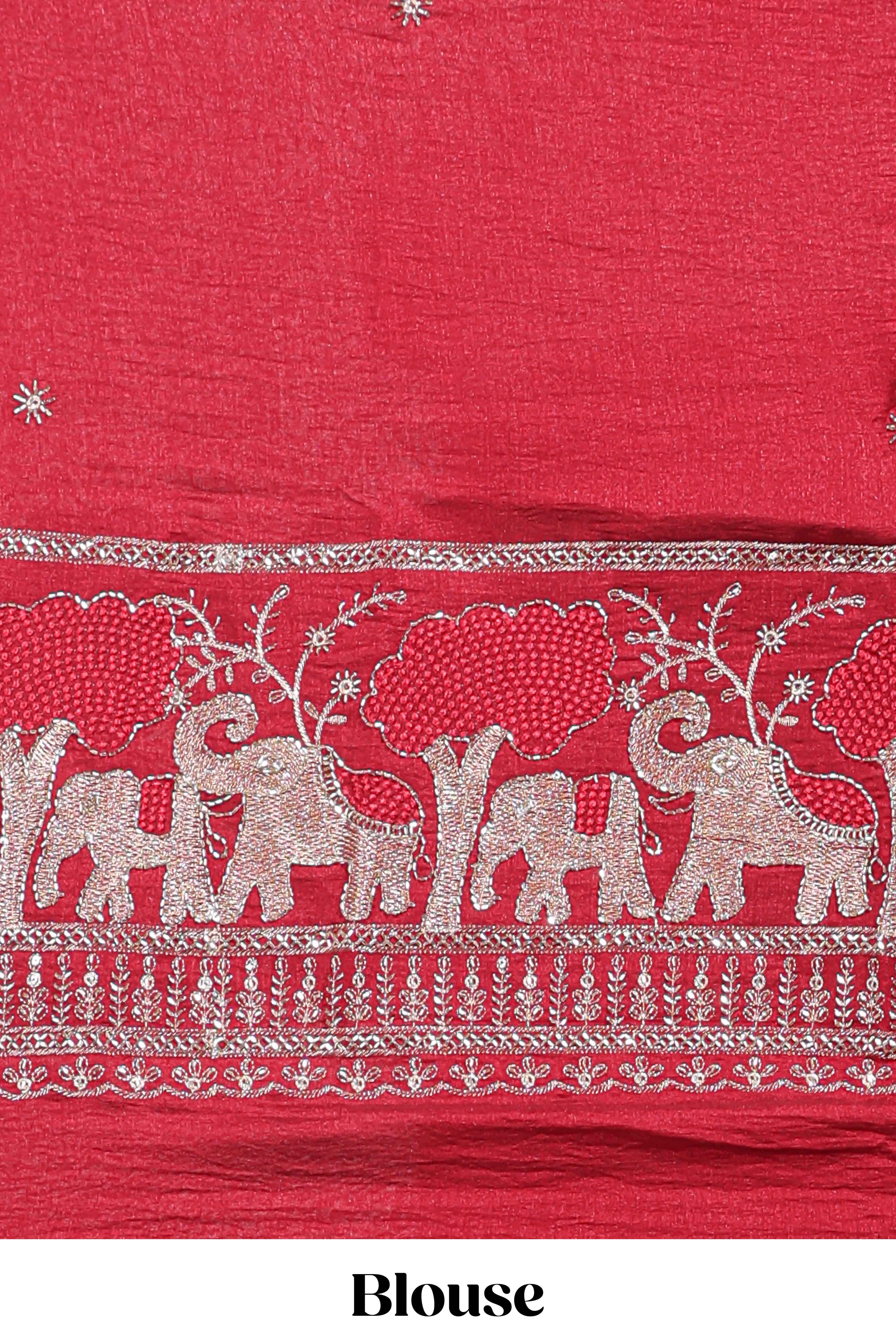 Peach zari checks georgette saree with small zari border and contrast aari work blouse