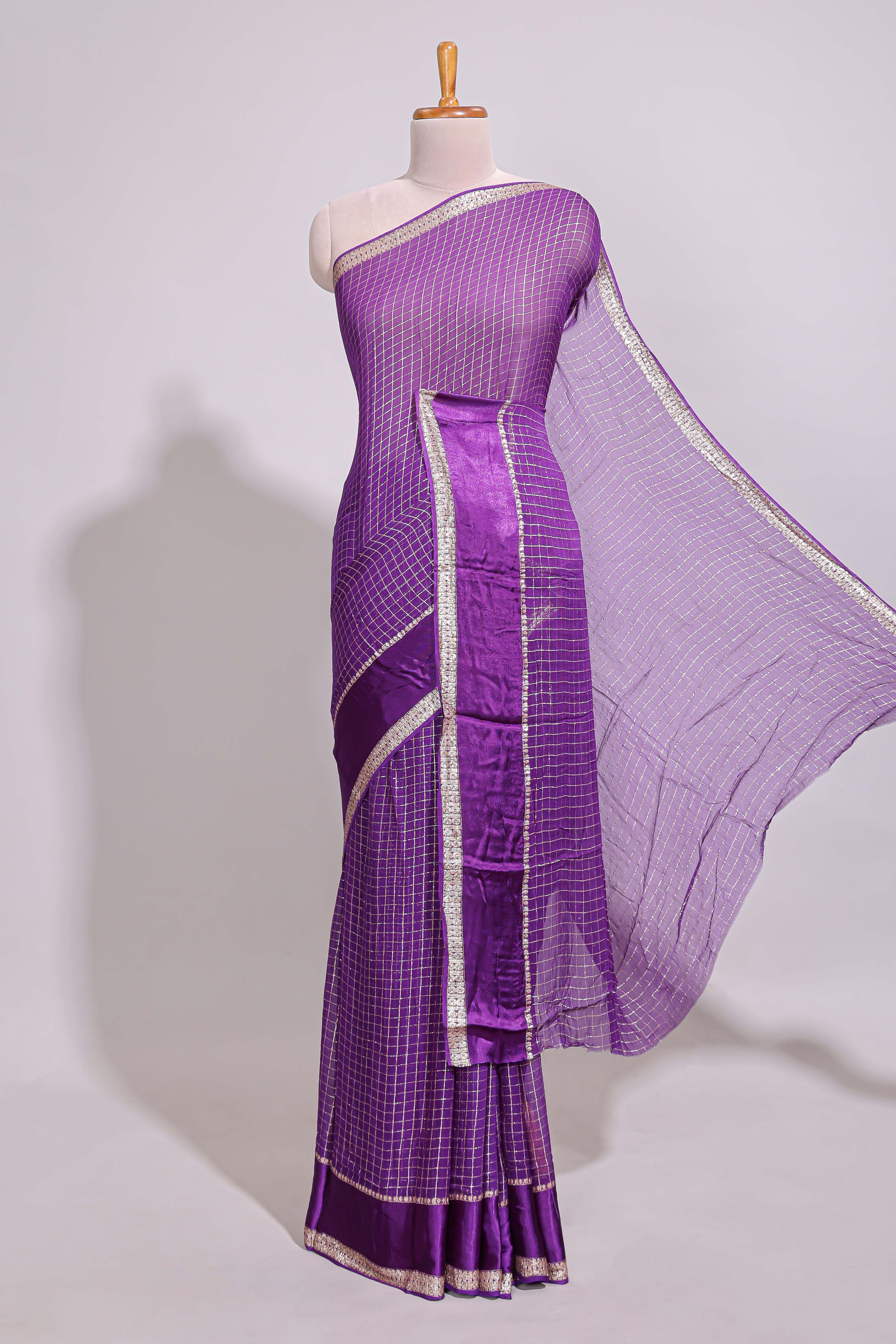 Violet zari checks georgette saree with small zari border with self pallu and matching blouse