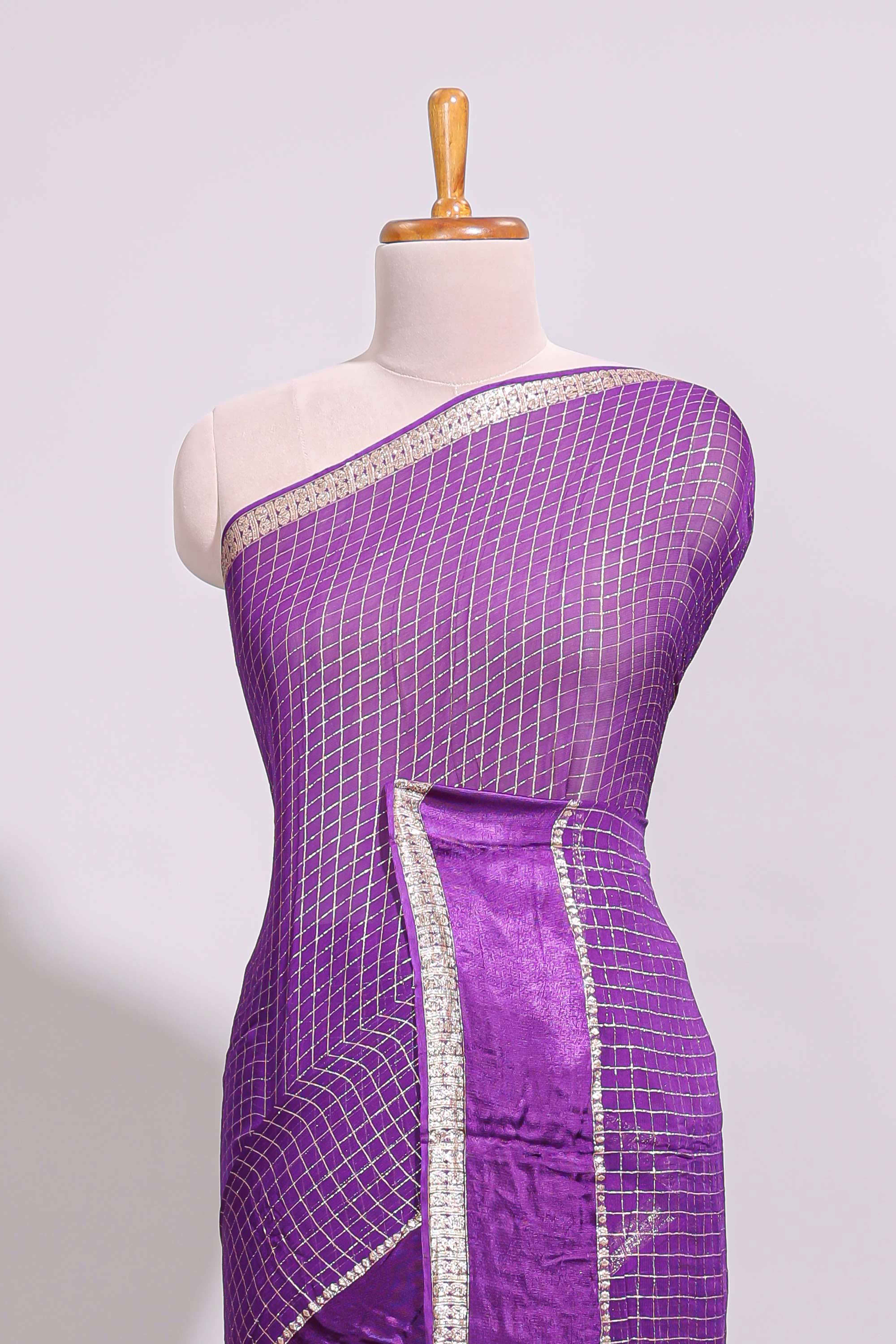 Violet zari checks georgette saree with small zari border with self pallu and matching blouse