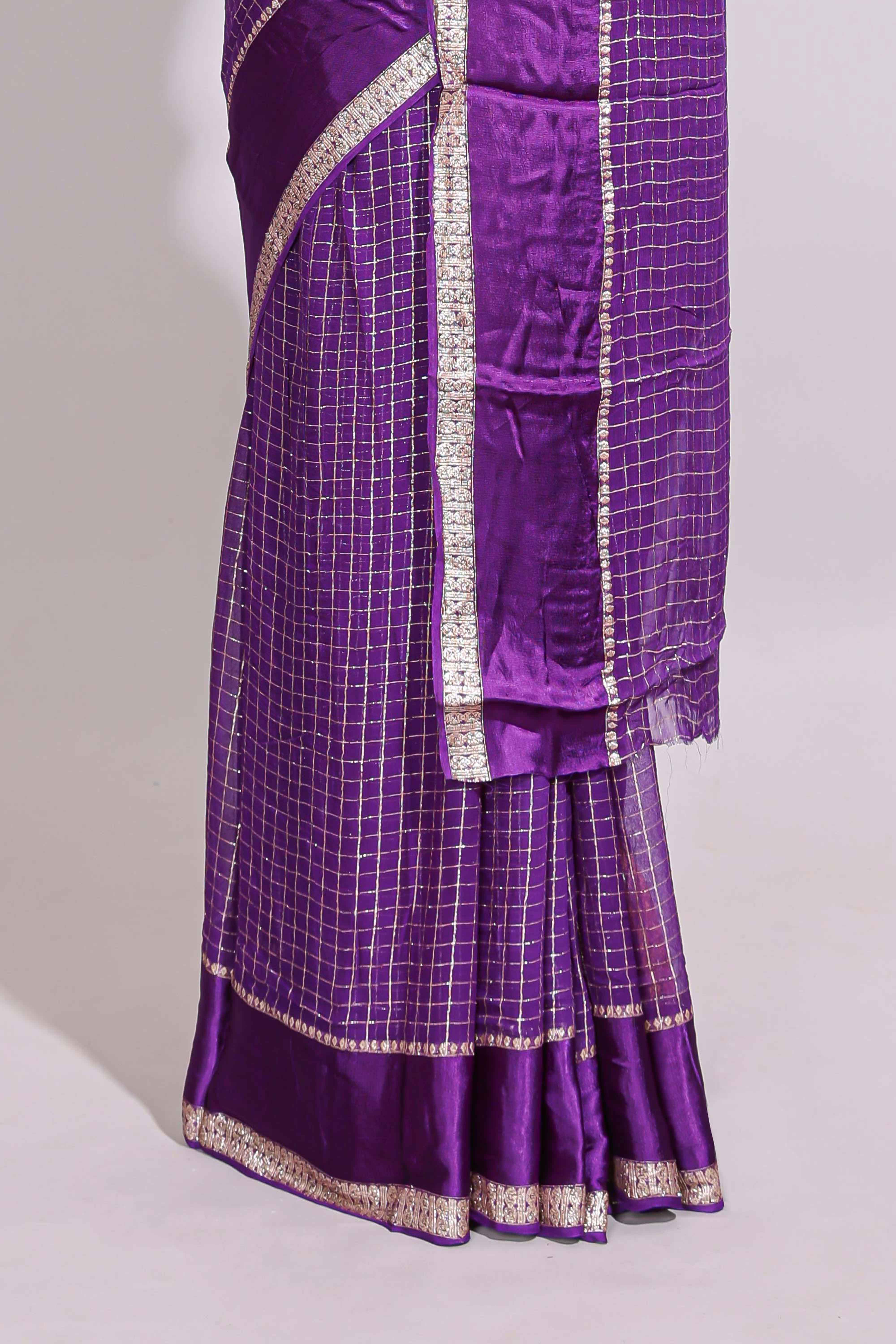 Violet zari checks georgette saree with small zari border with self pallu and matching blouse