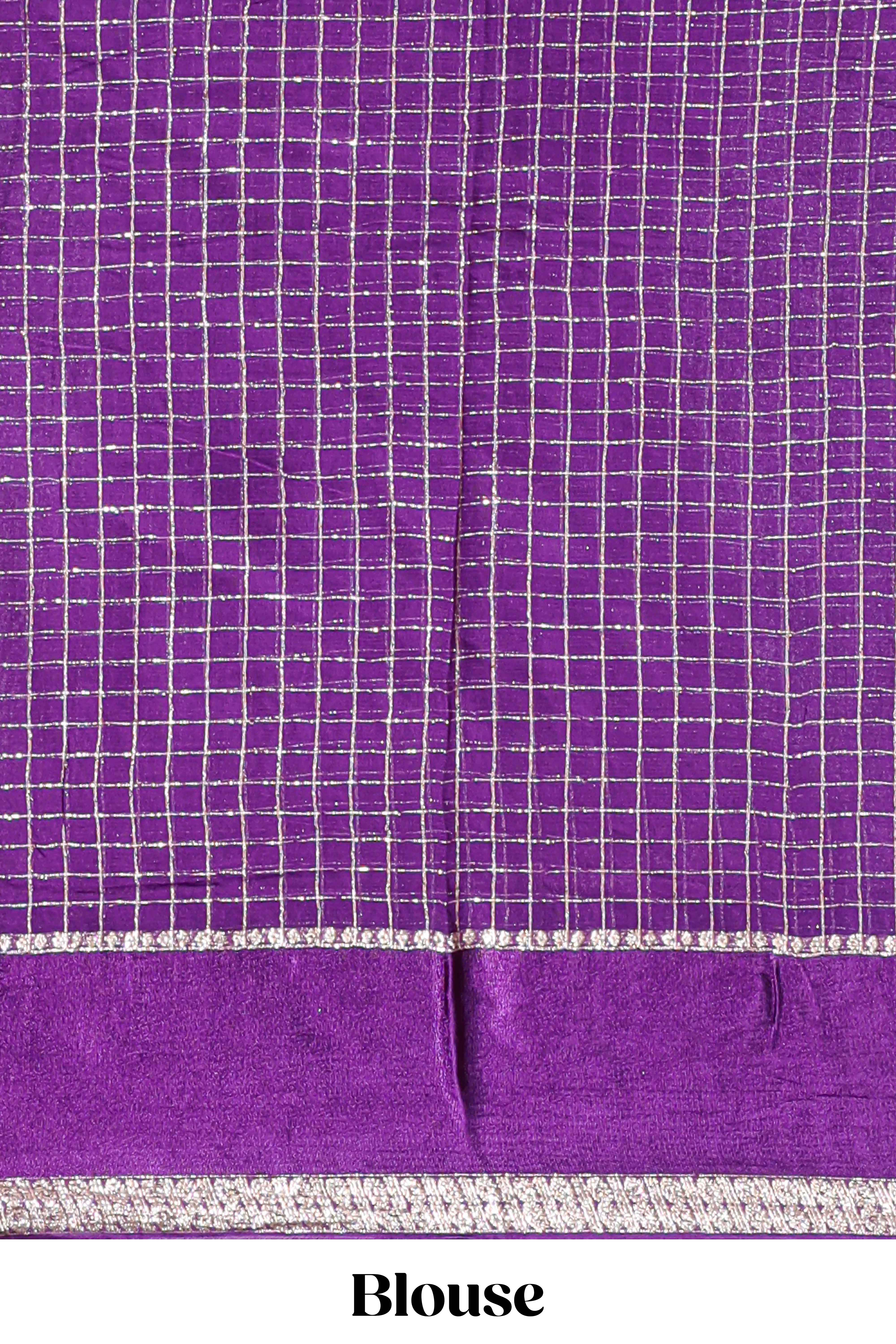 Violet zari checks georgette saree with small zari border with self pallu and matching blouse