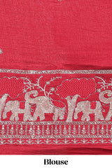 Peach zari checks georgette saree with small zari border and contrast aari work blouse