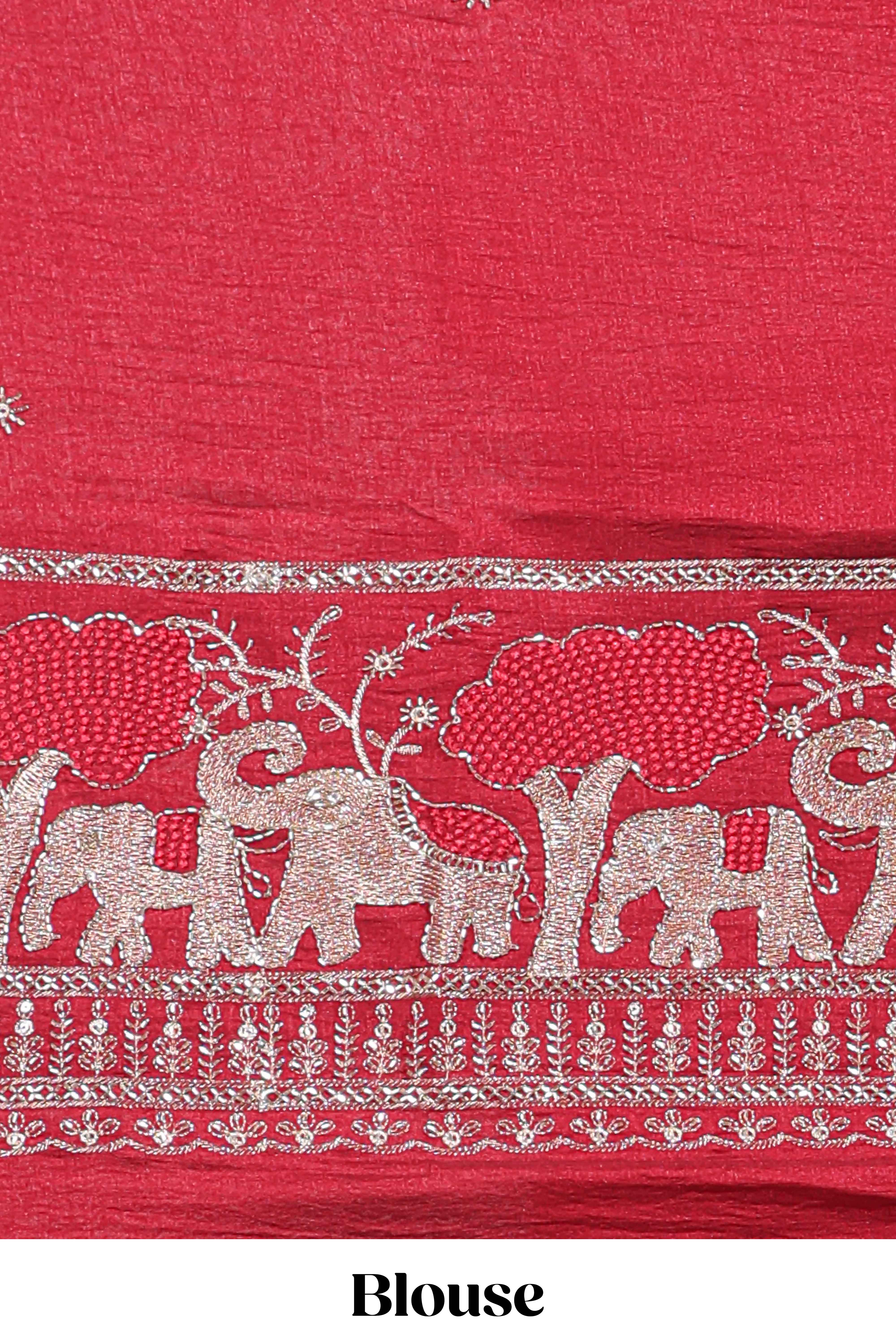 Peach zari checks georgette saree with small zari border and contrast aari work blouse