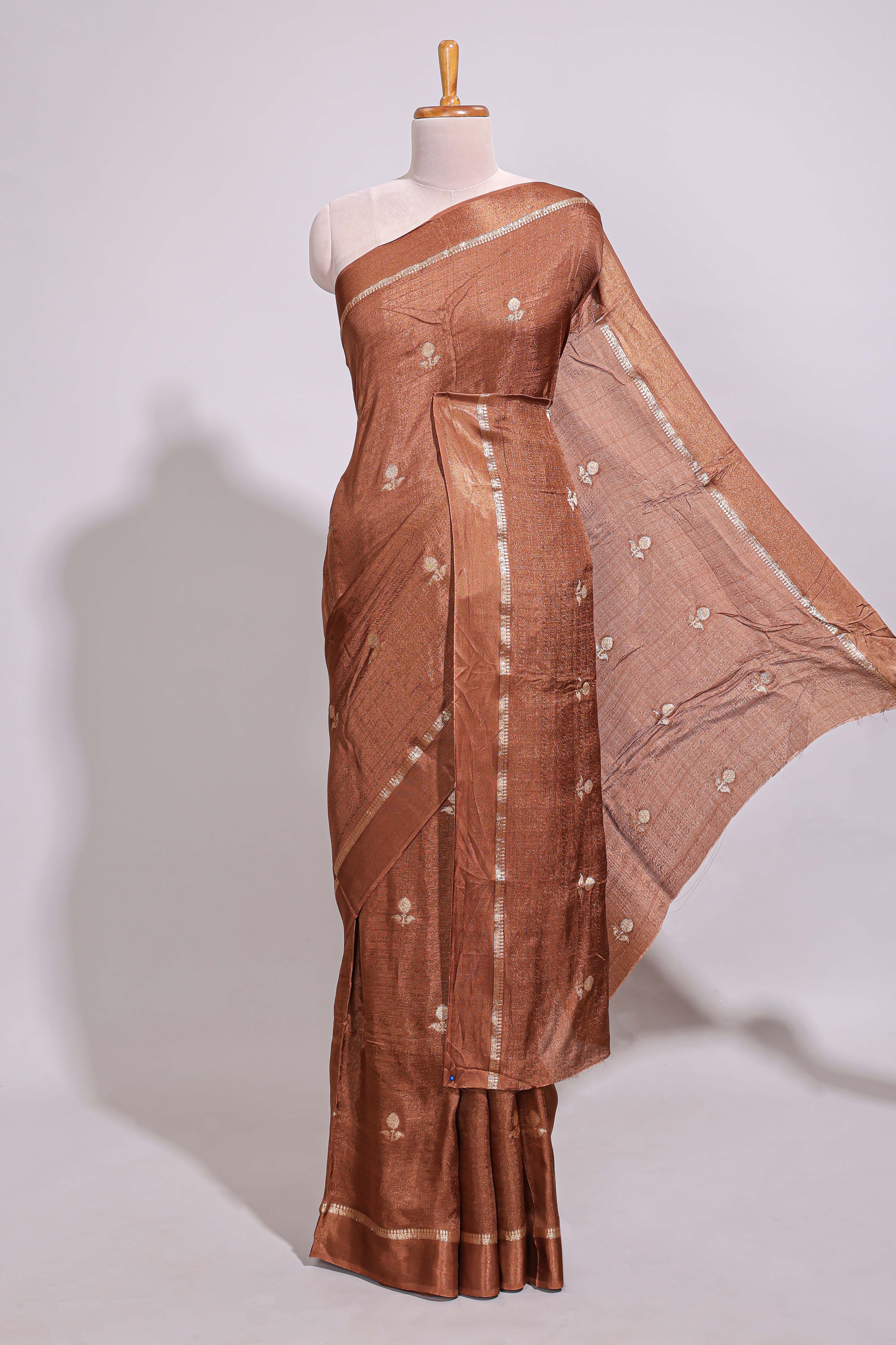 Brown Dola silk saree all over zari buttas small zari border with self pallu and matching blouse