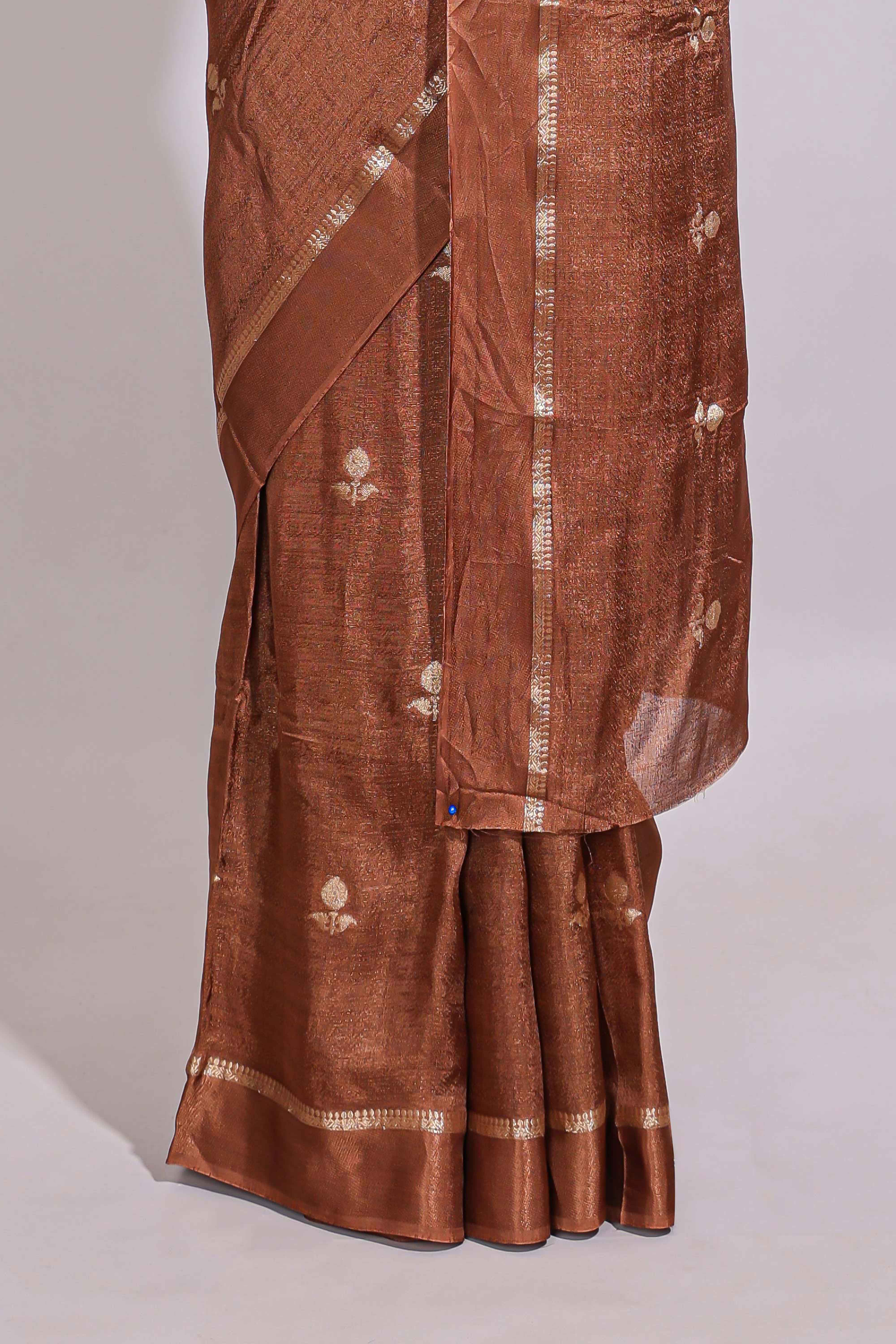 Brown Dola silk saree all over zari buttas small zari border with self pallu and matching blouse