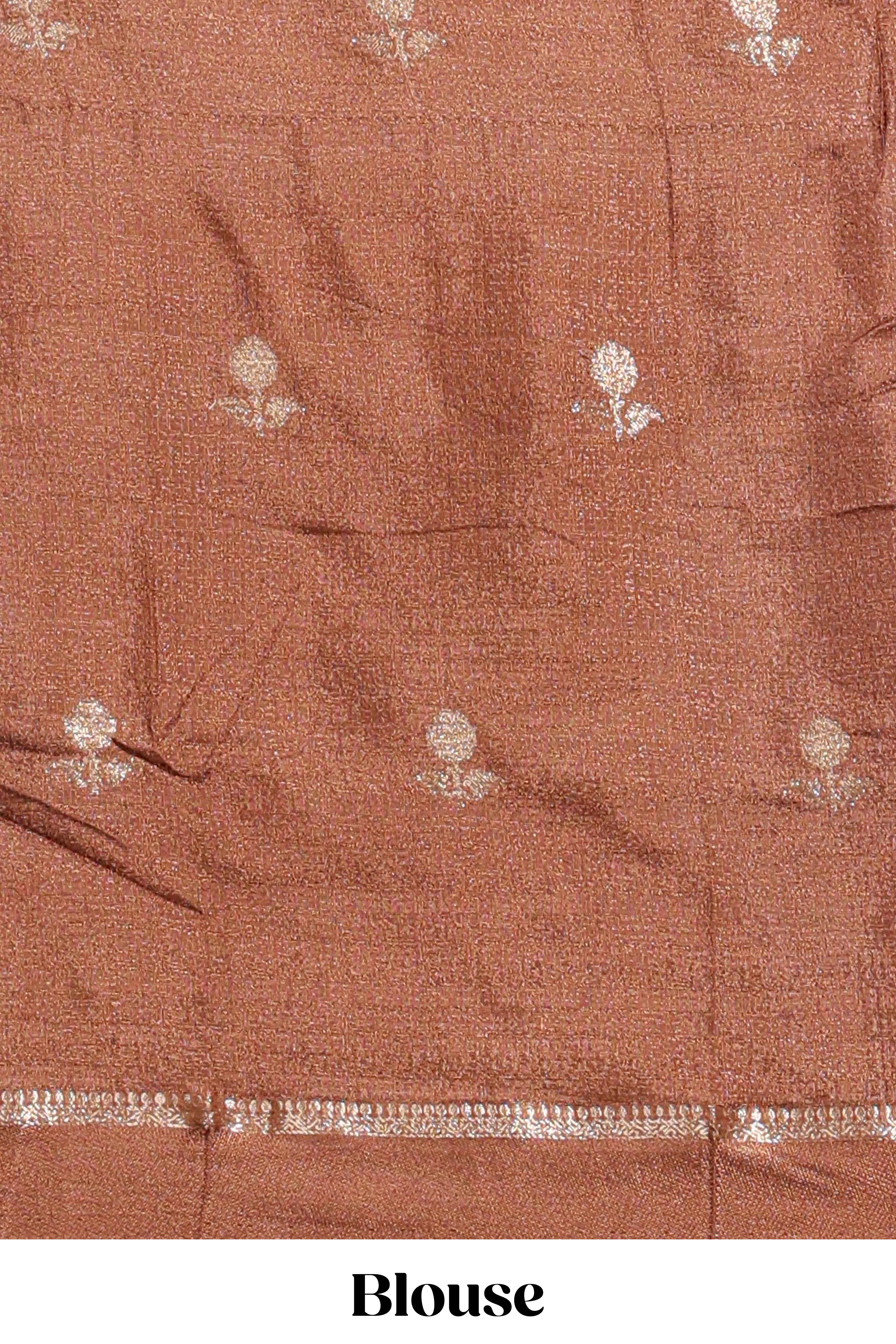Brown Dola silk saree all over zari buttas small zari border with self pallu and matching blouse