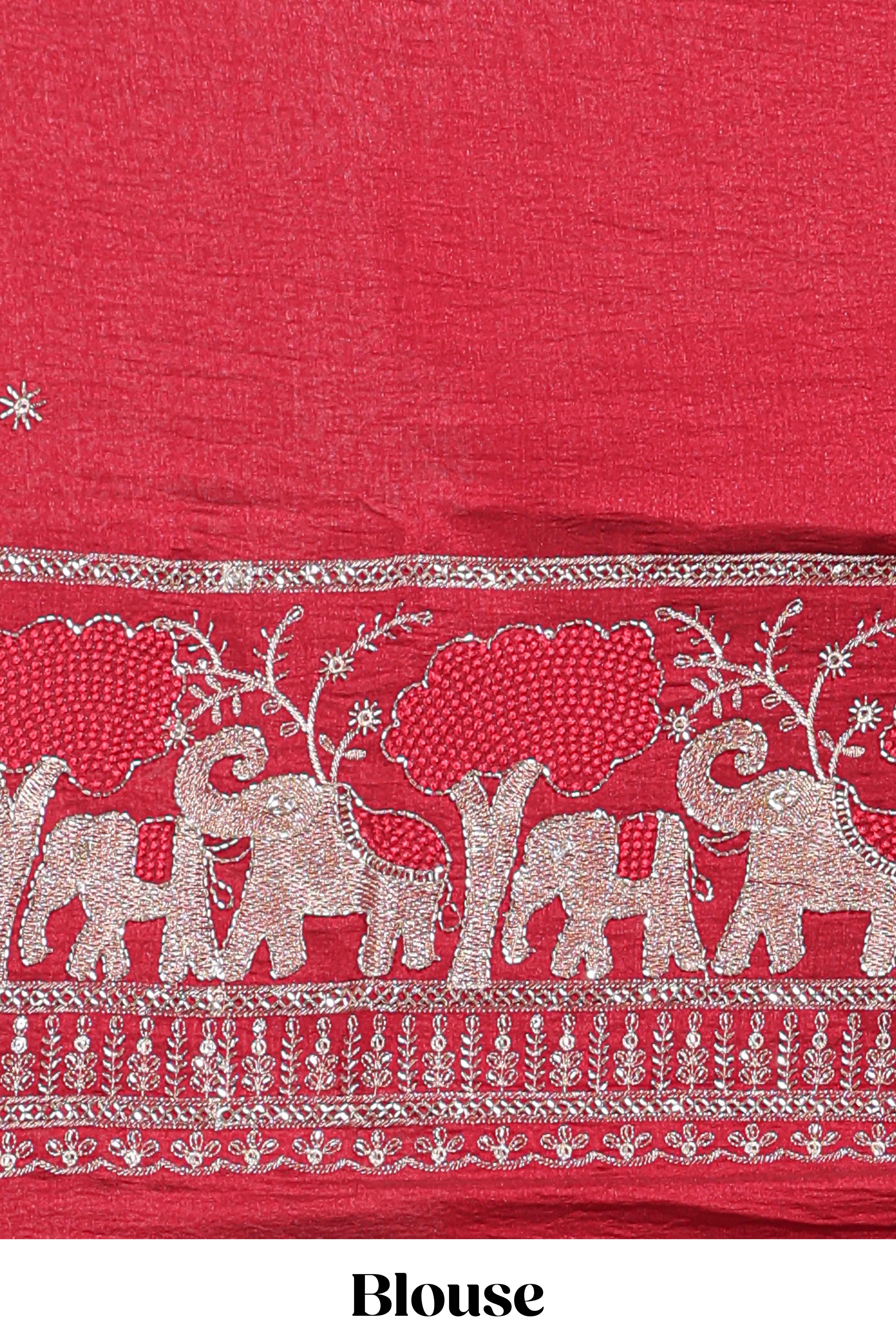 Cream zari checks georgette saree with small zari border and contrast aari work blouse