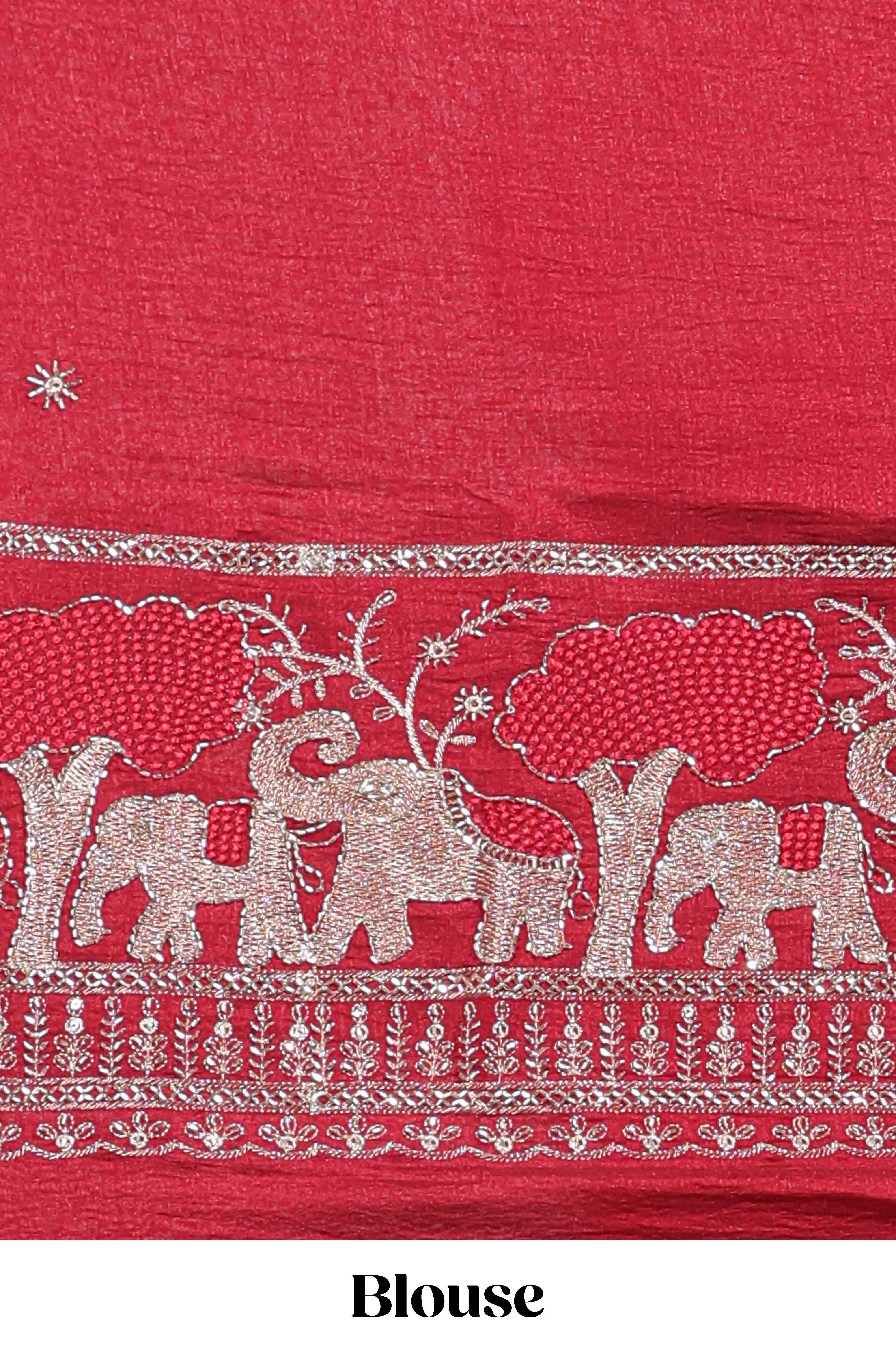 Gray zari checks georgette saree with small zari border and contrast aari work blouse