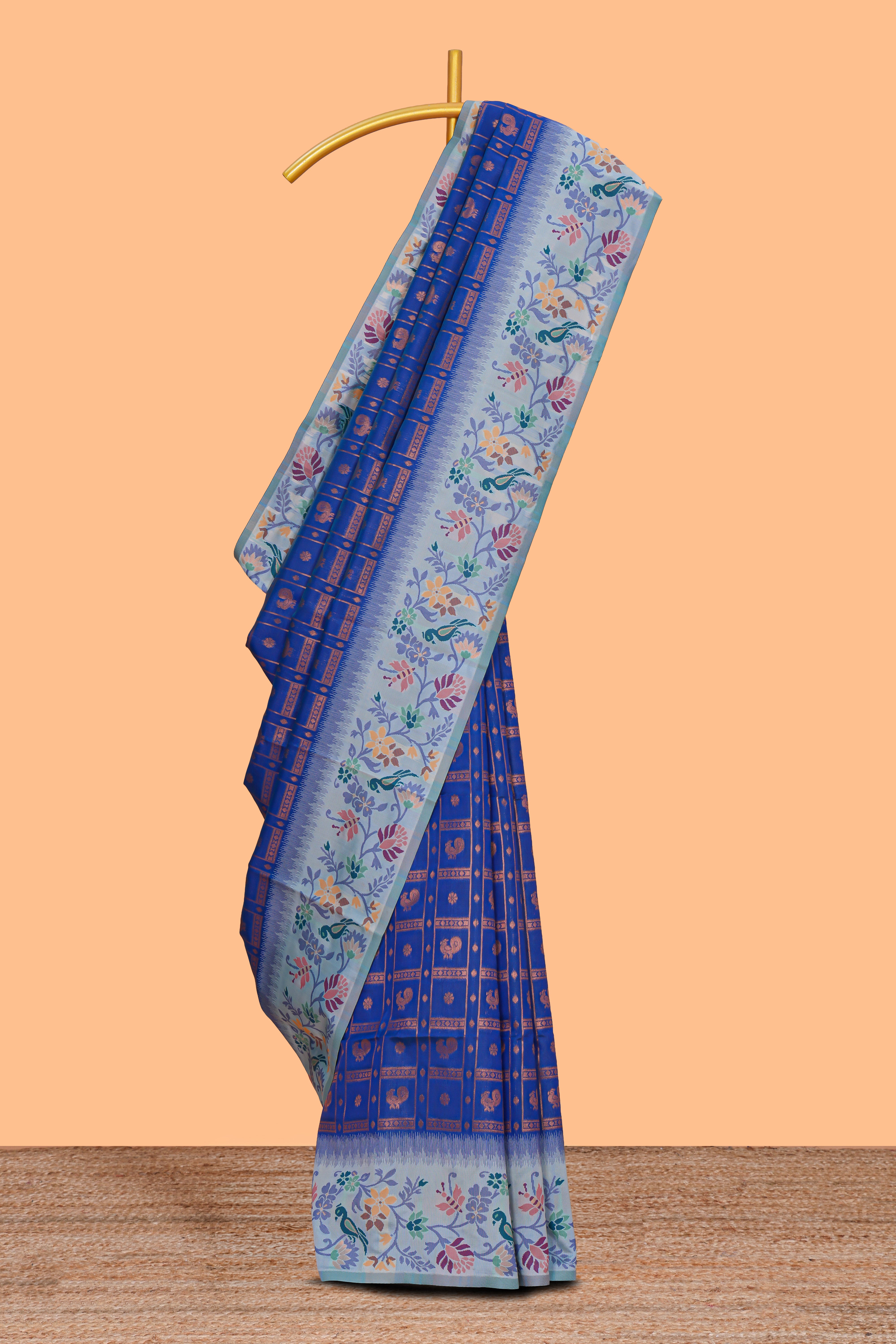 Blue geometric zari motifs ikkat cotton saree with contrast floral & birds design border and zari motifs blouse