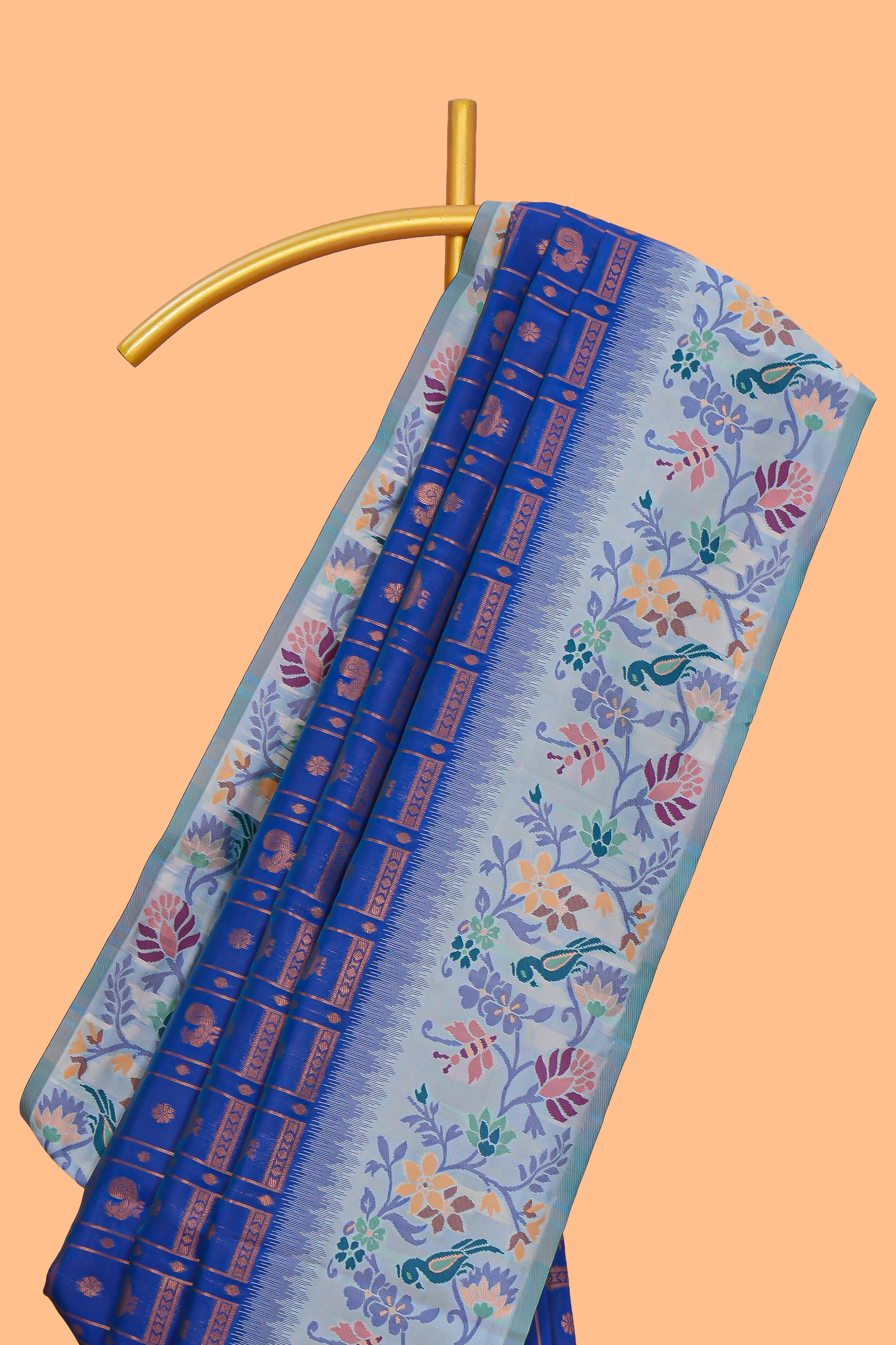 Blue geometric zari motifs ikkat cotton saree with contrast floral & birds design border and zari motifs blouse