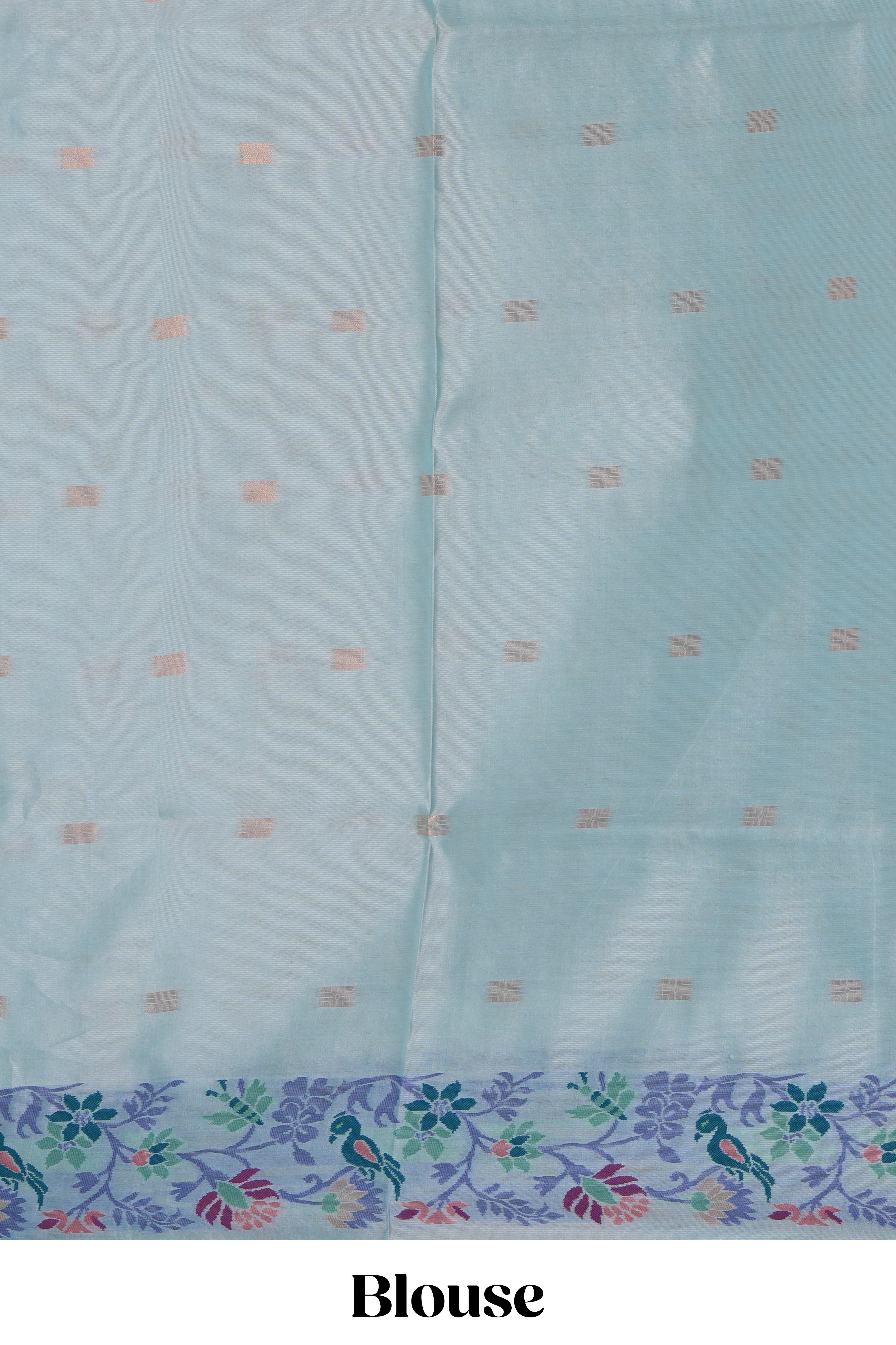 Blue geometric zari motifs ikkat cotton saree with contrast floral & birds design border and zari motifs blouse