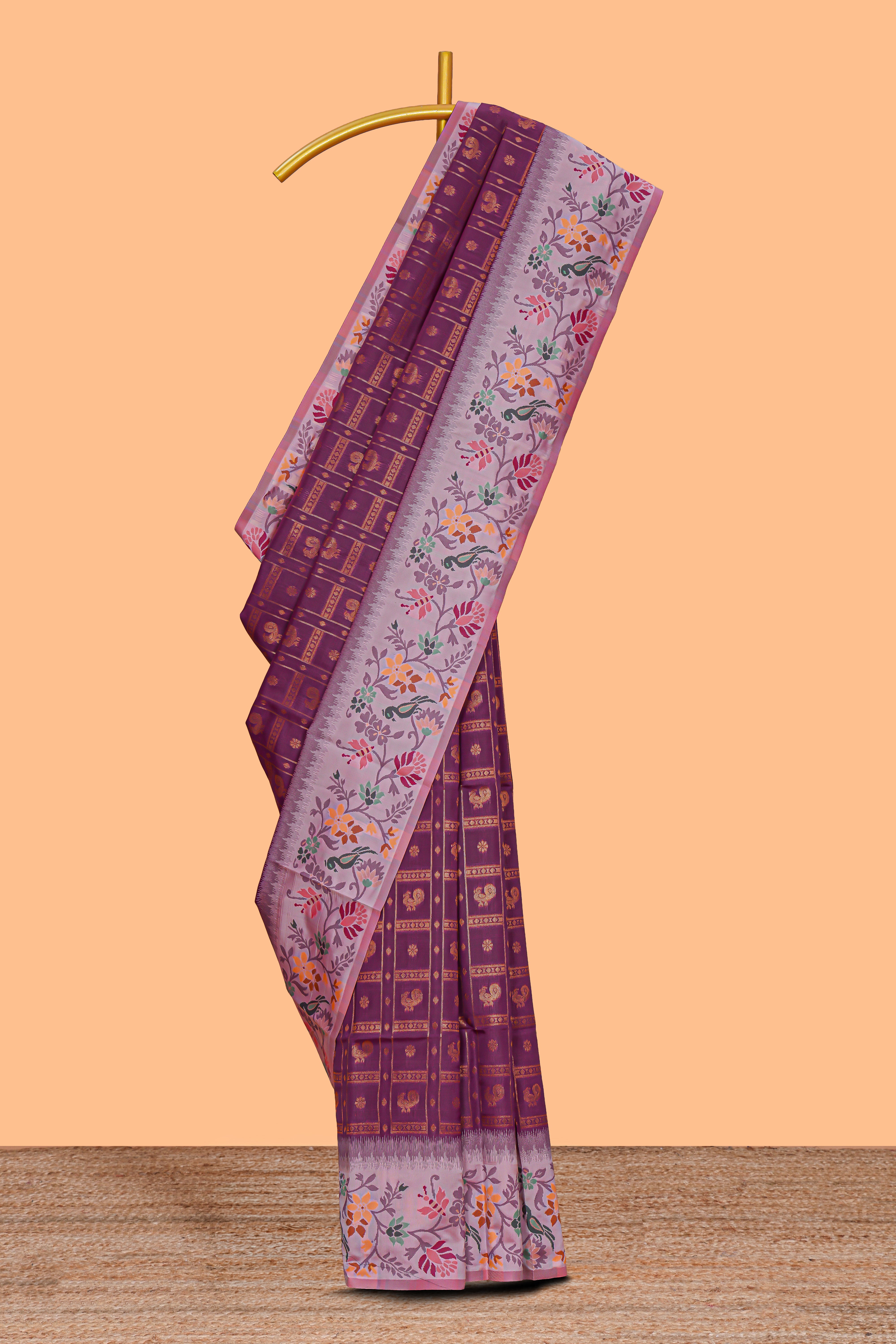 Wine color geometric zari motifs ikkat cotton saree with contrast floral & birds design border and zari motifs blouse