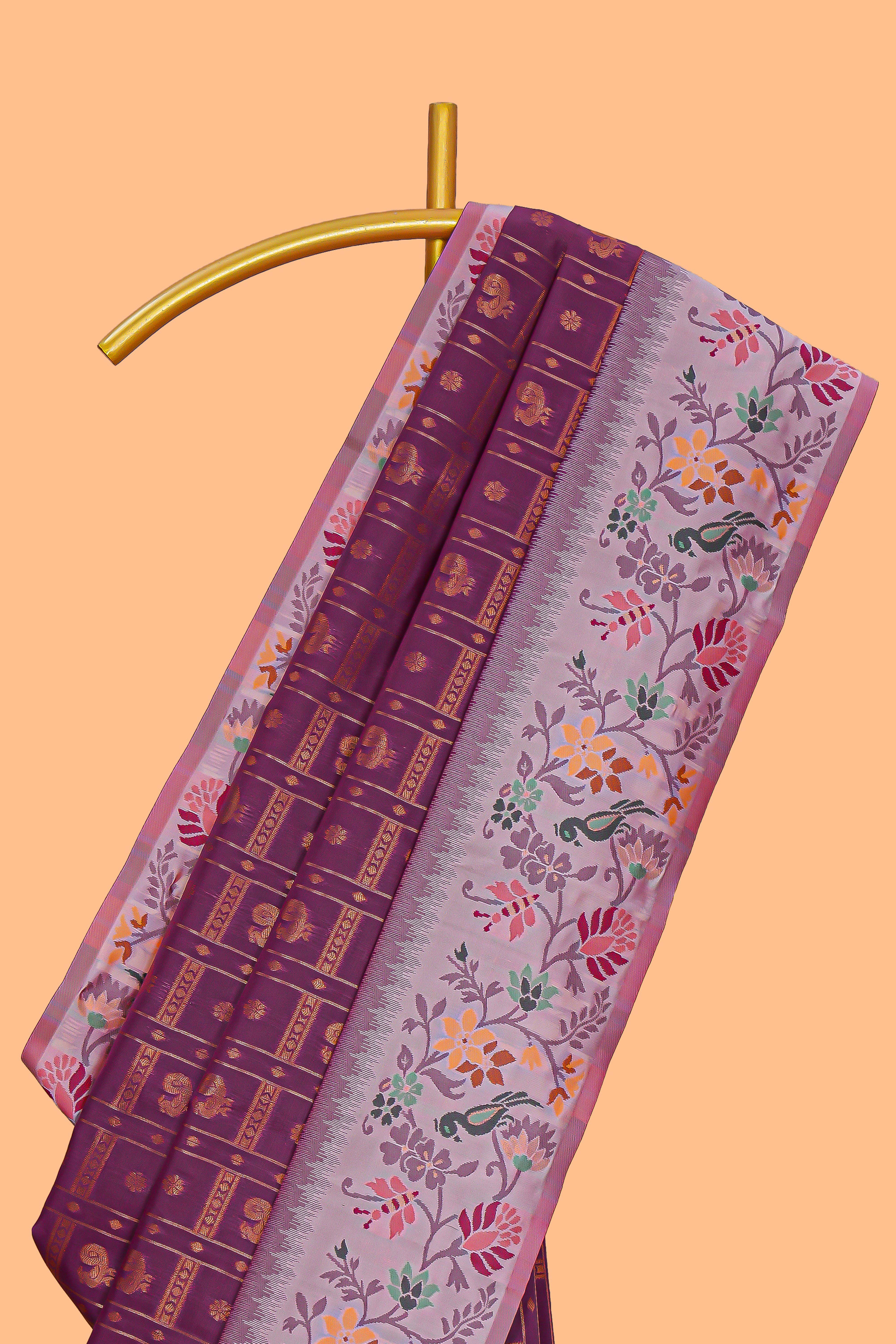 Wine color geometric zari motifs ikkat cotton saree with contrast floral & birds design border and zari motifs blouse