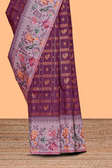 Wine color geometric zari motifs ikkat cotton saree with contrast floral & birds design border and zari motifs blouse