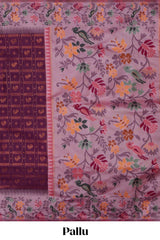 Wine color geometric zari motifs ikkat cotton saree with contrast floral & birds design border and zari motifs blouse