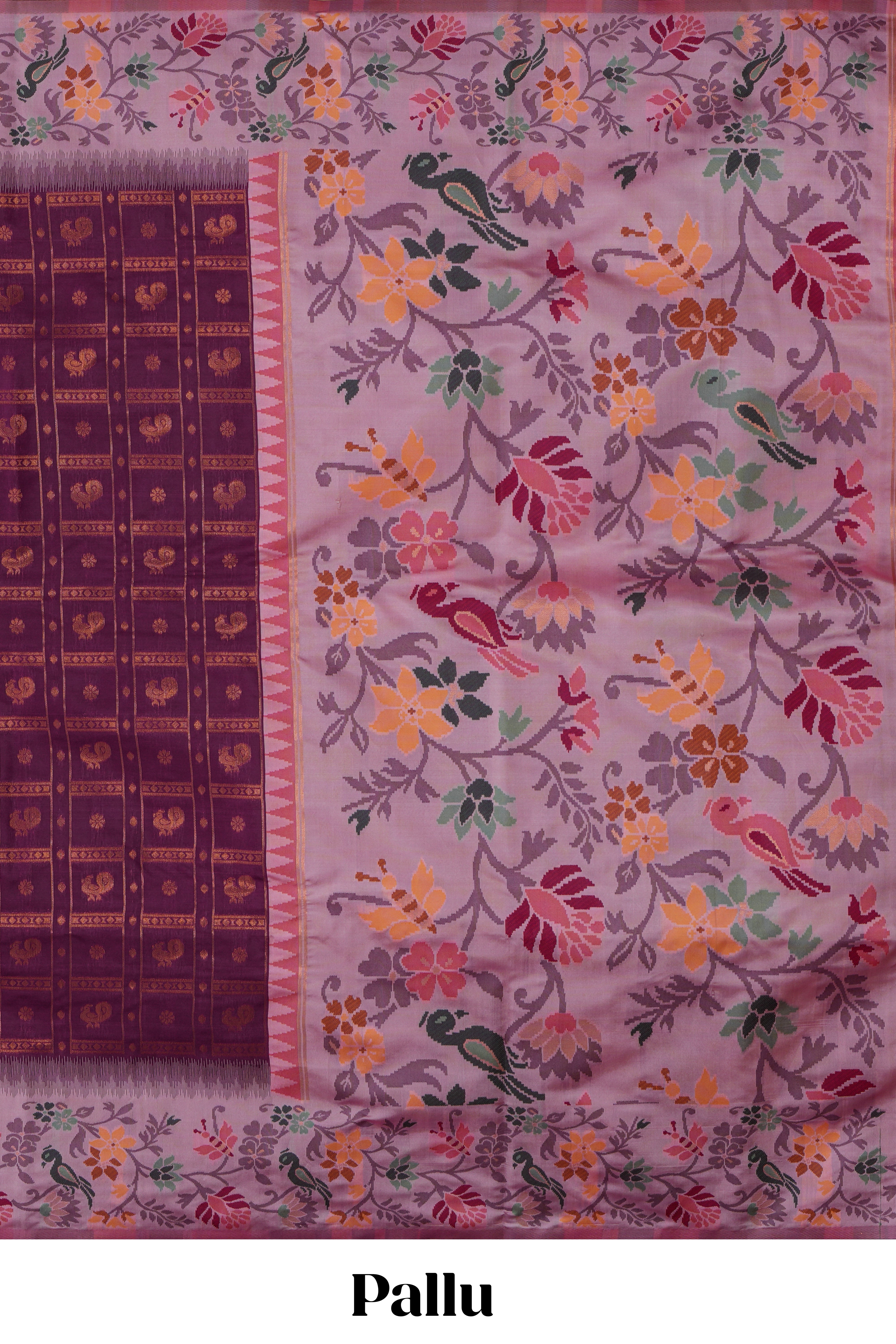 Wine color geometric zari motifs ikkat cotton saree with contrast floral & birds design border and zari motifs blouse