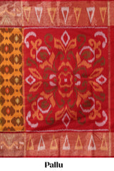 Mustard ikkat style motifs design ikkat cotton saree with contrast zari design border and plain blouse