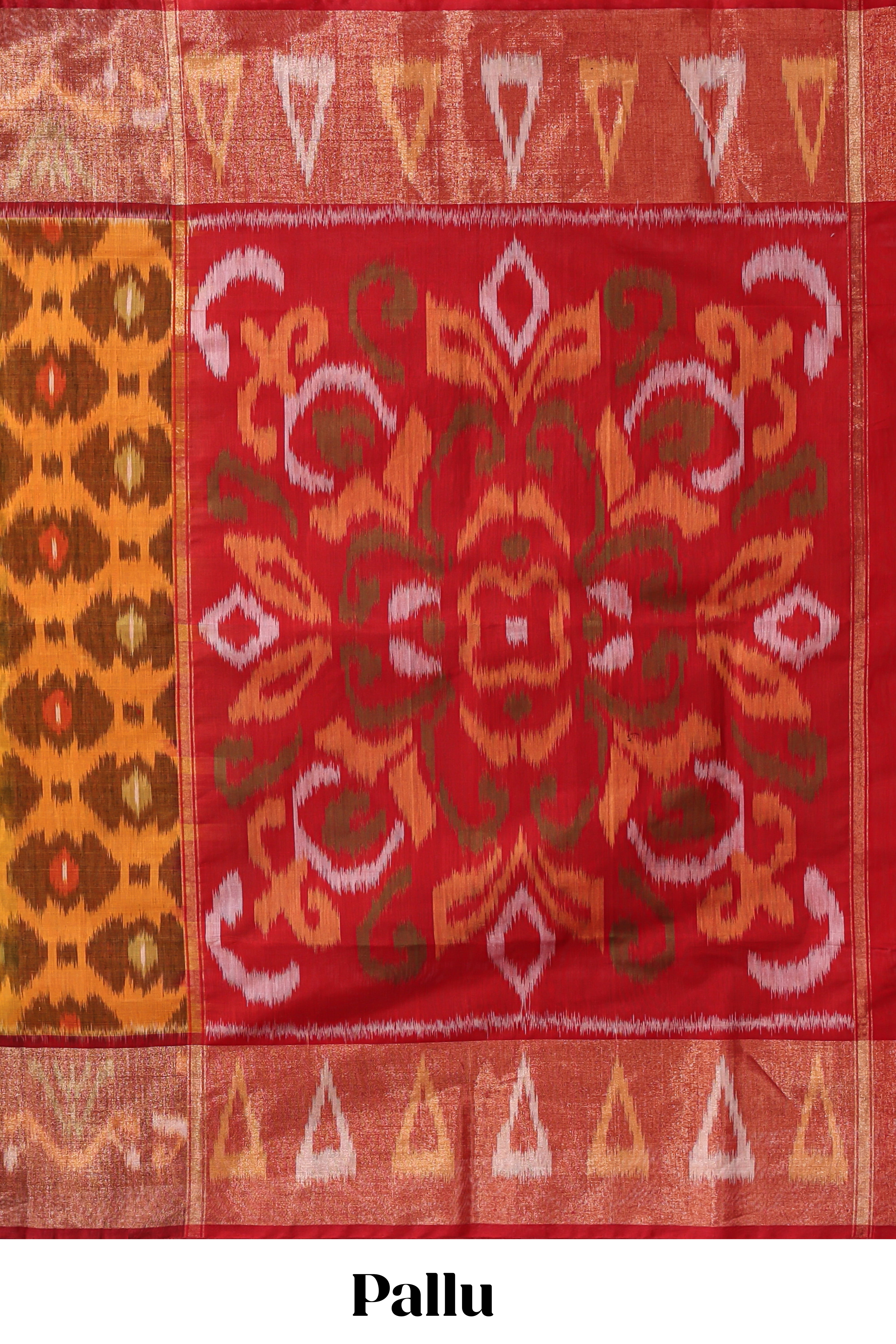 Mustard ikkat style motifs design ikkat cotton saree with contrast zari design border and plain blouse
