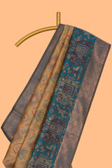 Mustard geometric & elephant motifs design ikkat cotton saree with contrast elephant design border and zari motifs blouse