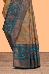 Mustard geometric & elephant motifs design ikkat cotton saree with contrast elephant design border and zari motifs blouse