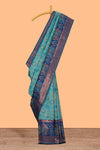 Teal green geometric & elephant motifs design ikkat cotton saree with contrast elephant design border and zari motifs blouse