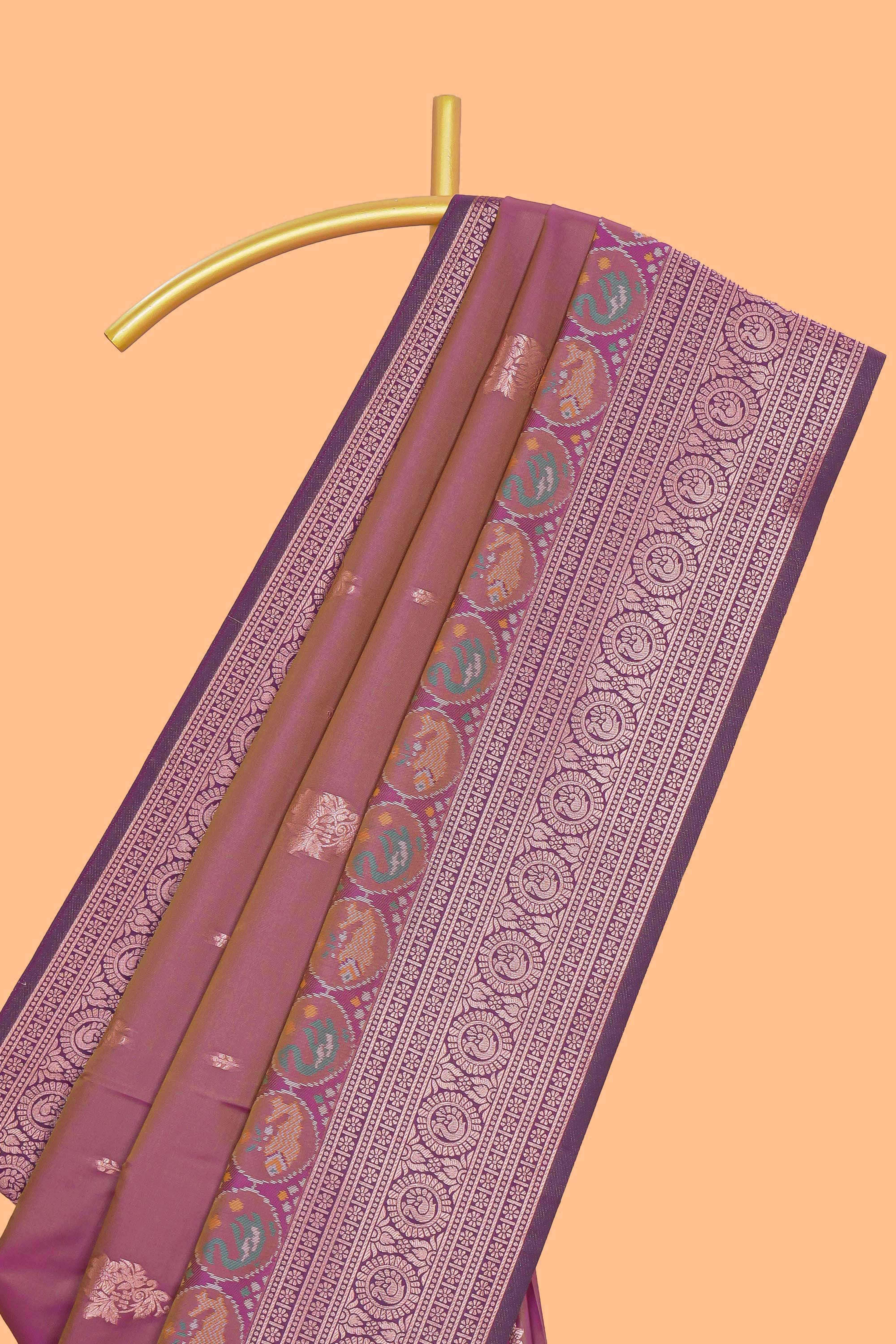 Plum lavender zari motifs design ikkat cotton saree with contrast zari design border and zari floral motifs blouse