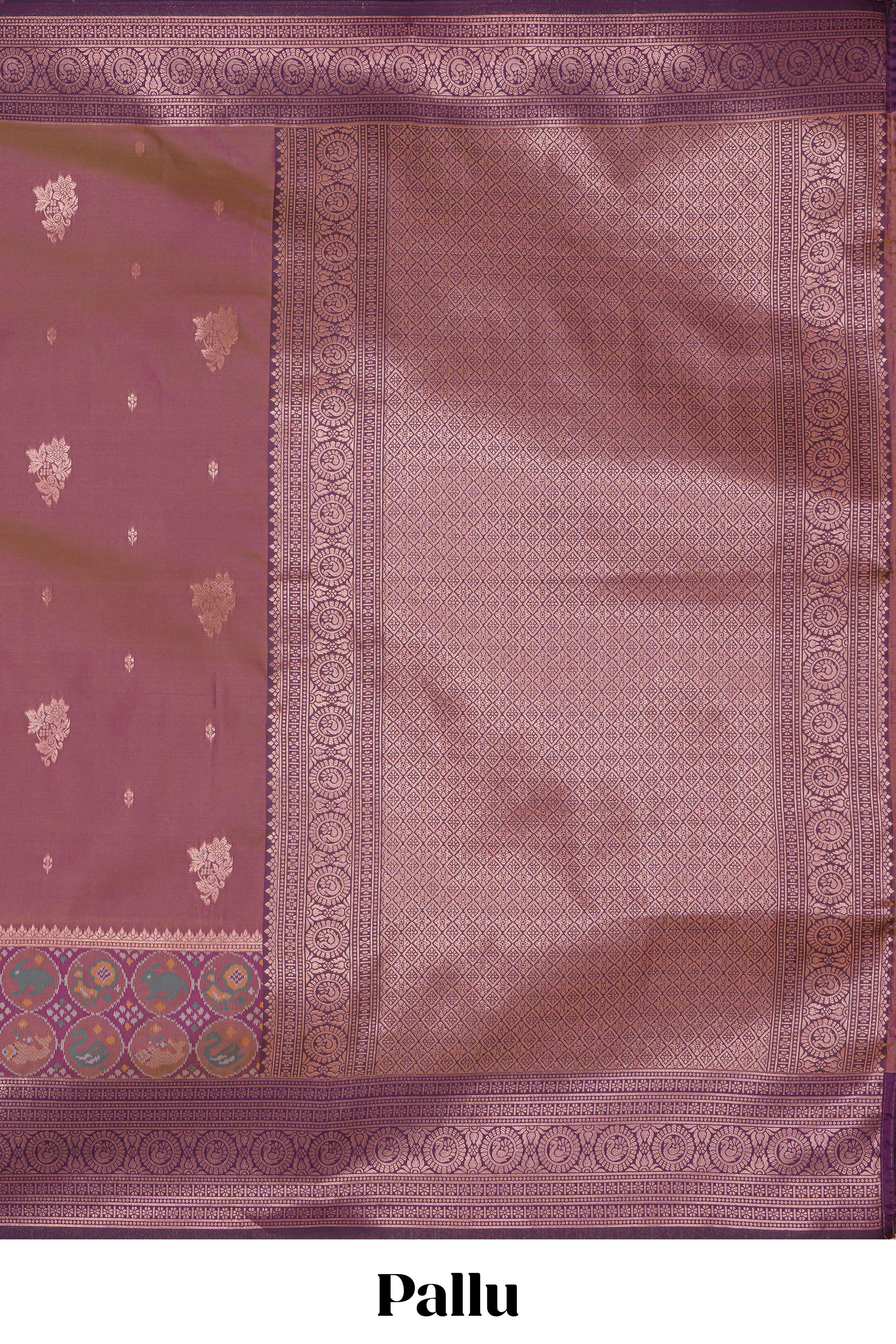 Plum lavender zari motifs design ikkat cotton saree with contrast zari design border and zari floral motifs blouse