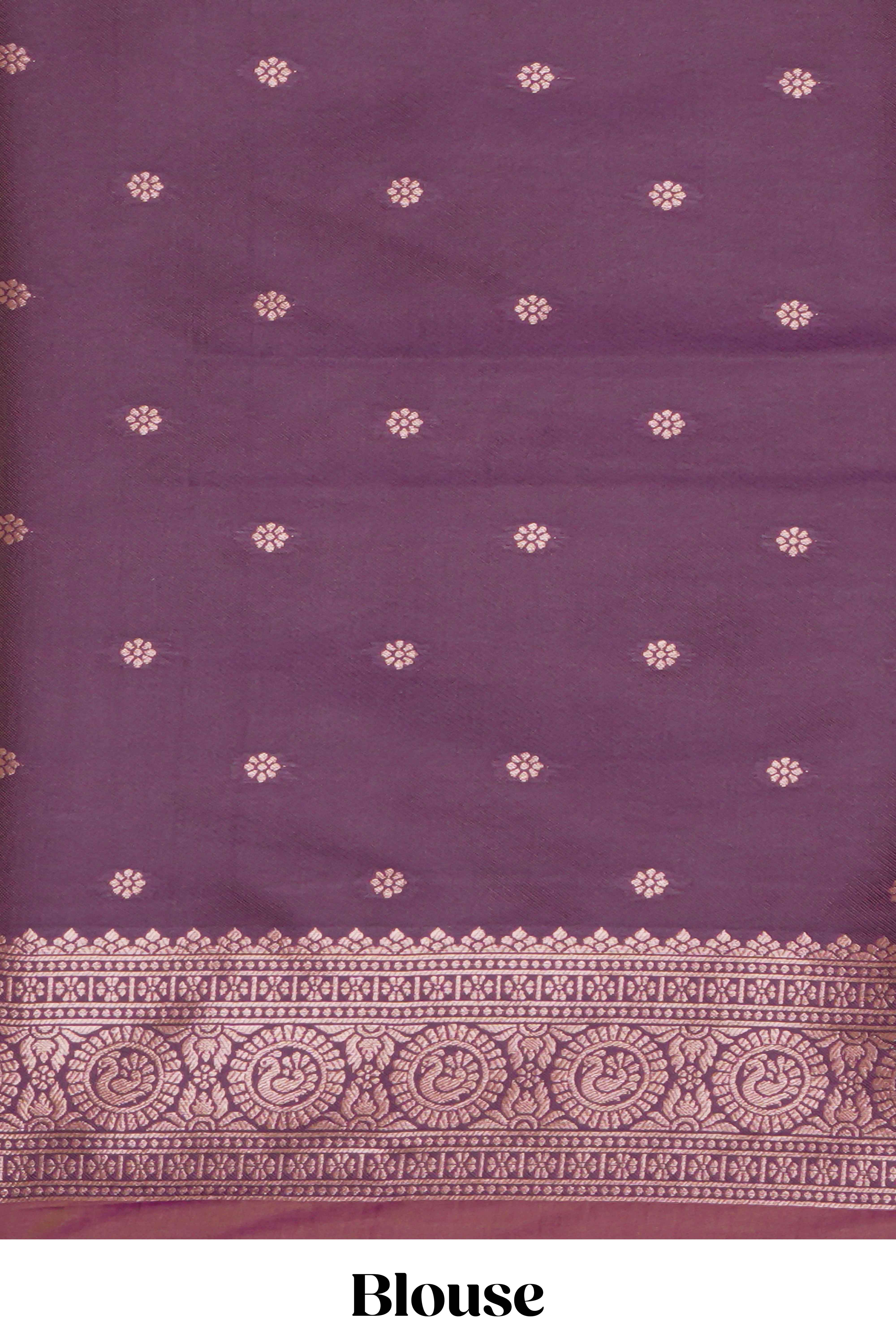 Plum lavender zari motifs design ikkat cotton saree with contrast zari design border and zari floral motifs blouse
