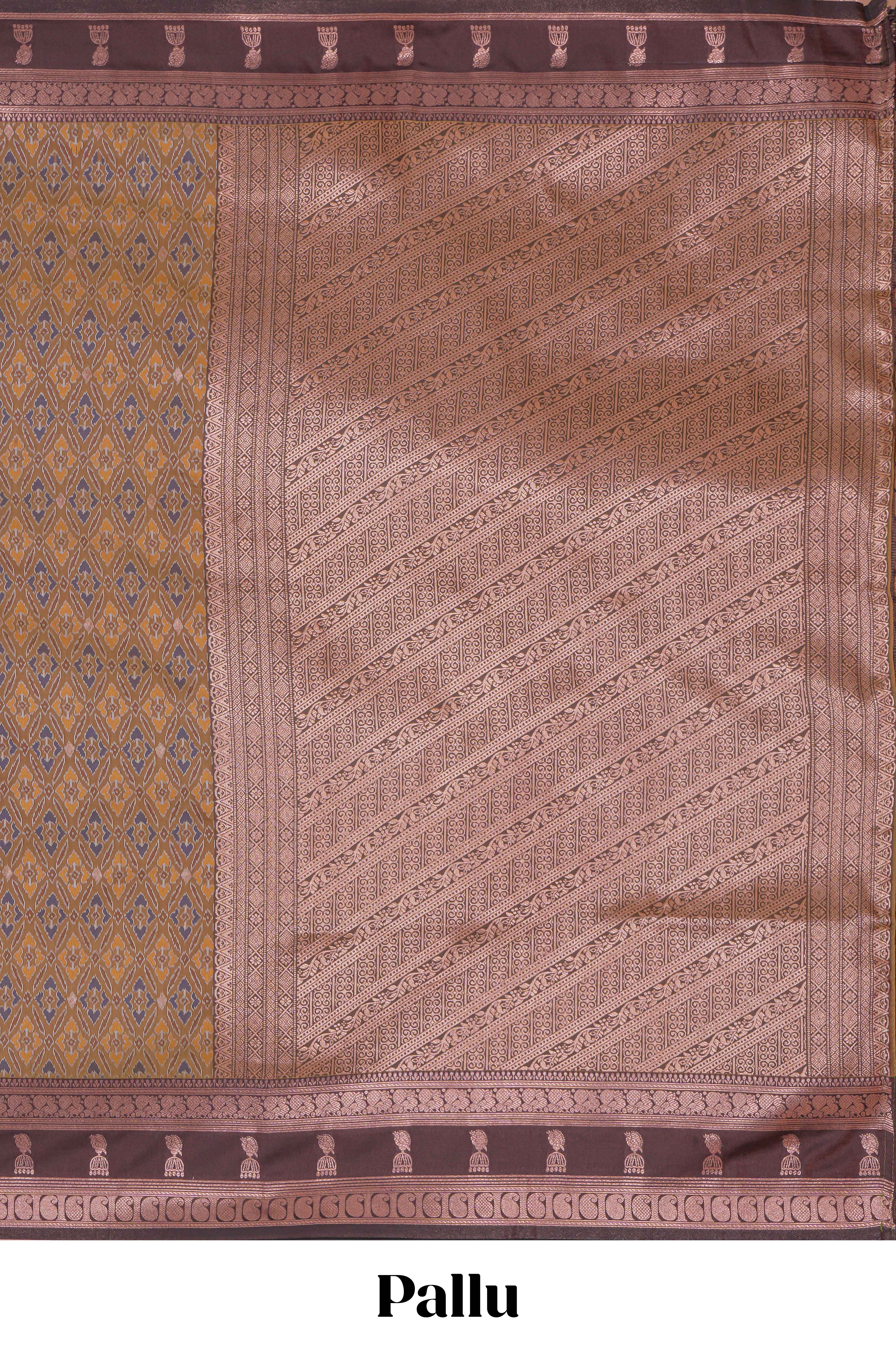 Mustard floral design ikkat cotton saree with contrast zari design border and zari floral motifs blouse