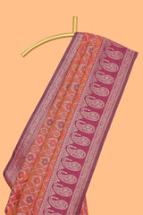 Orange floral design ikkat cotton saree with contrast zari design border and zari floral motifs blouse