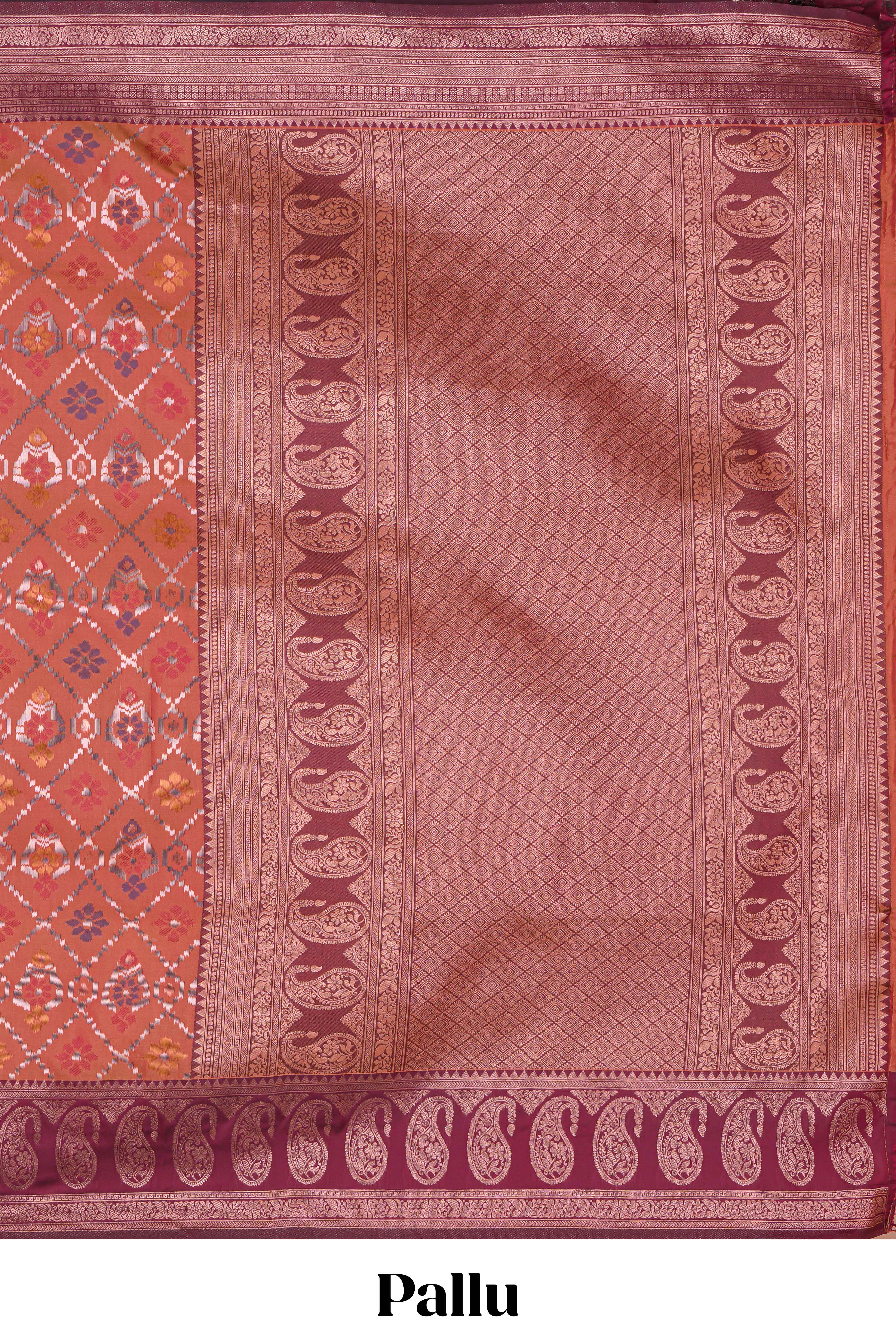 Orange floral design ikkat cotton saree with contrast zari design border and zari floral motifs blouse