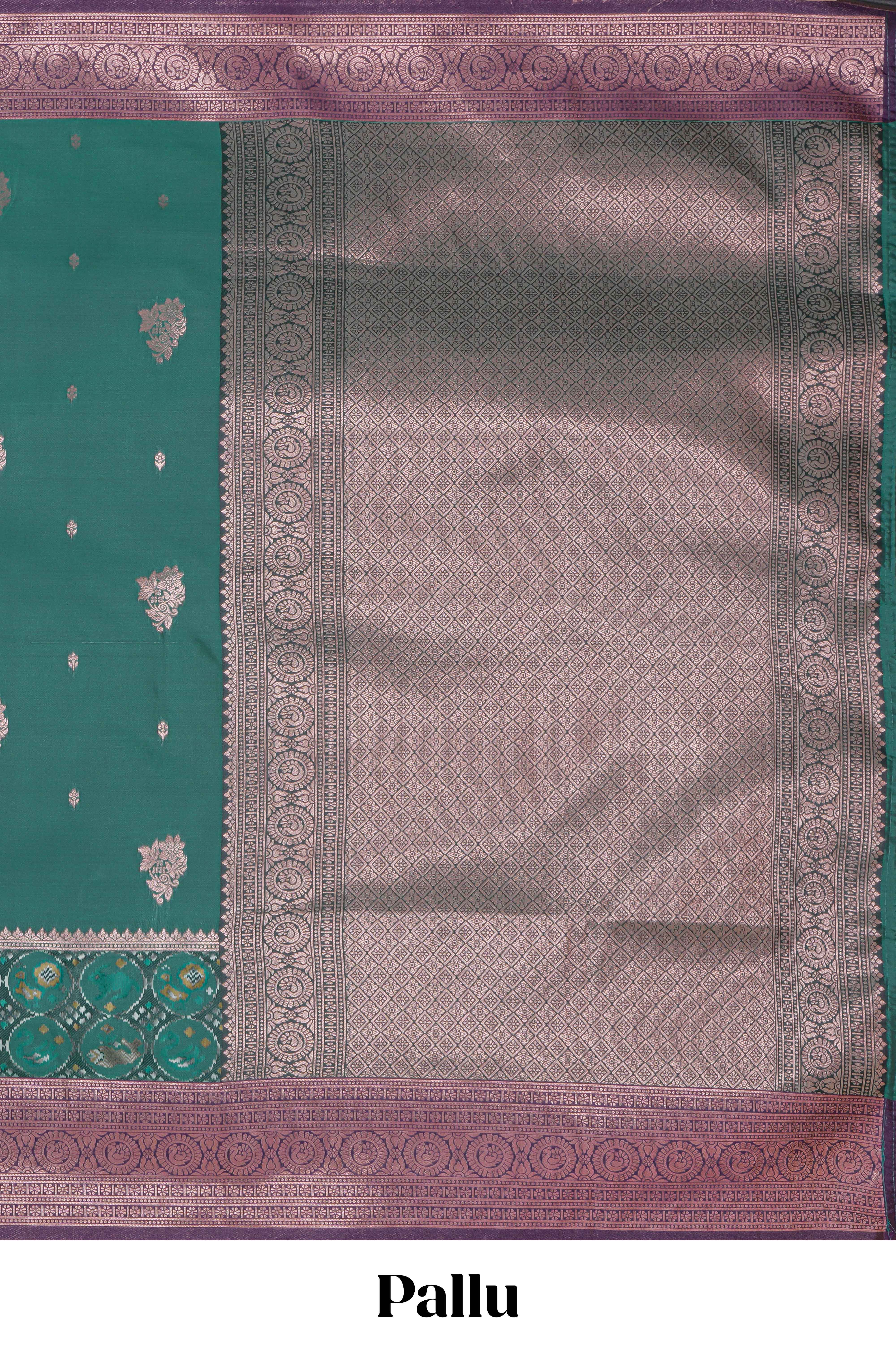 Green floral design zari motifs ikkat cotton saree with contrast zari design border and zari floral motifs blouse
