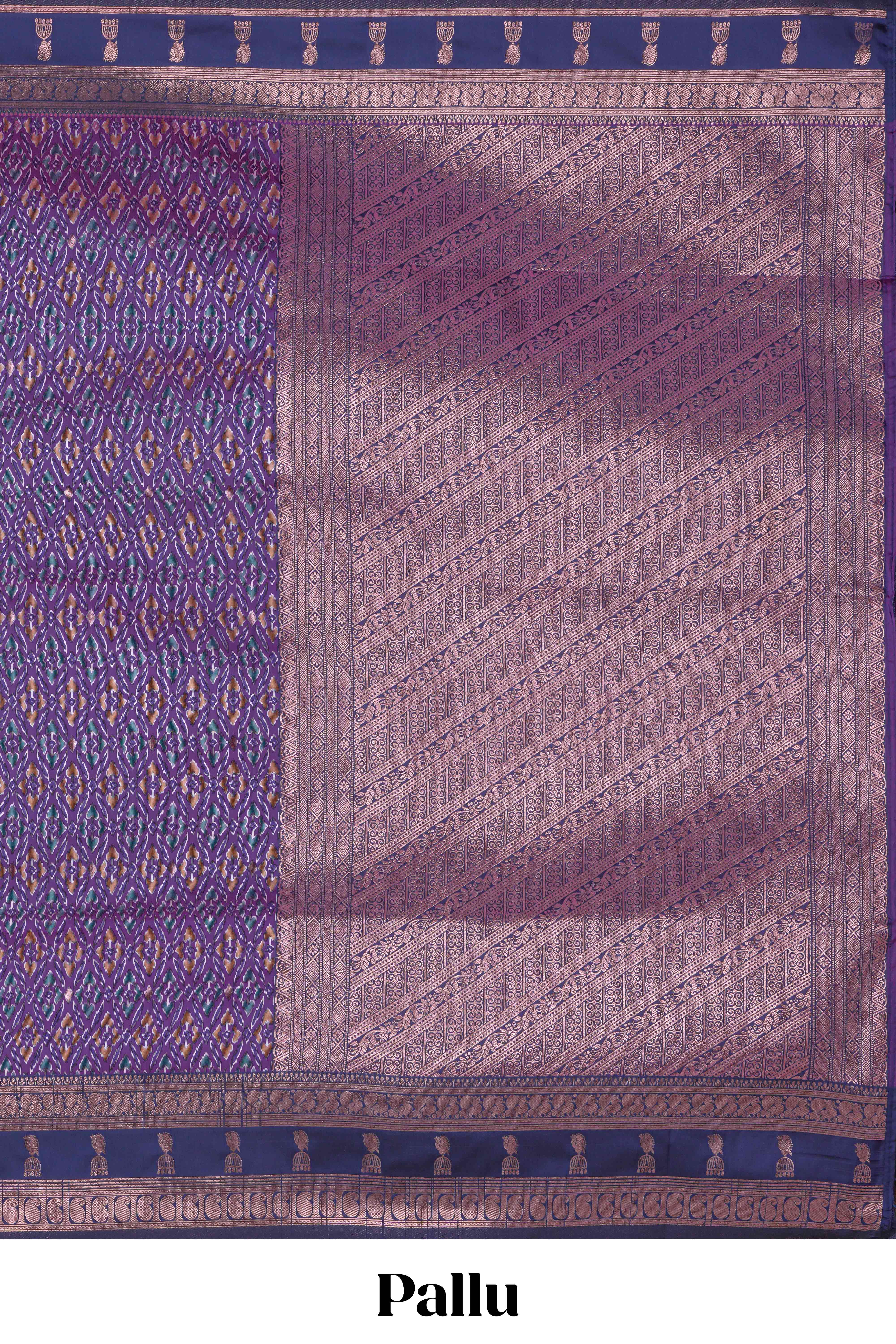 Lavender floral design zari motifs ikkat cotton saree with contrast zari design border and zari floral motifs blouse