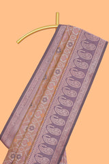 Pastel peach floral design zari motifs ikkat cotton saree with contrast zari design border and zari floral motifs blouse